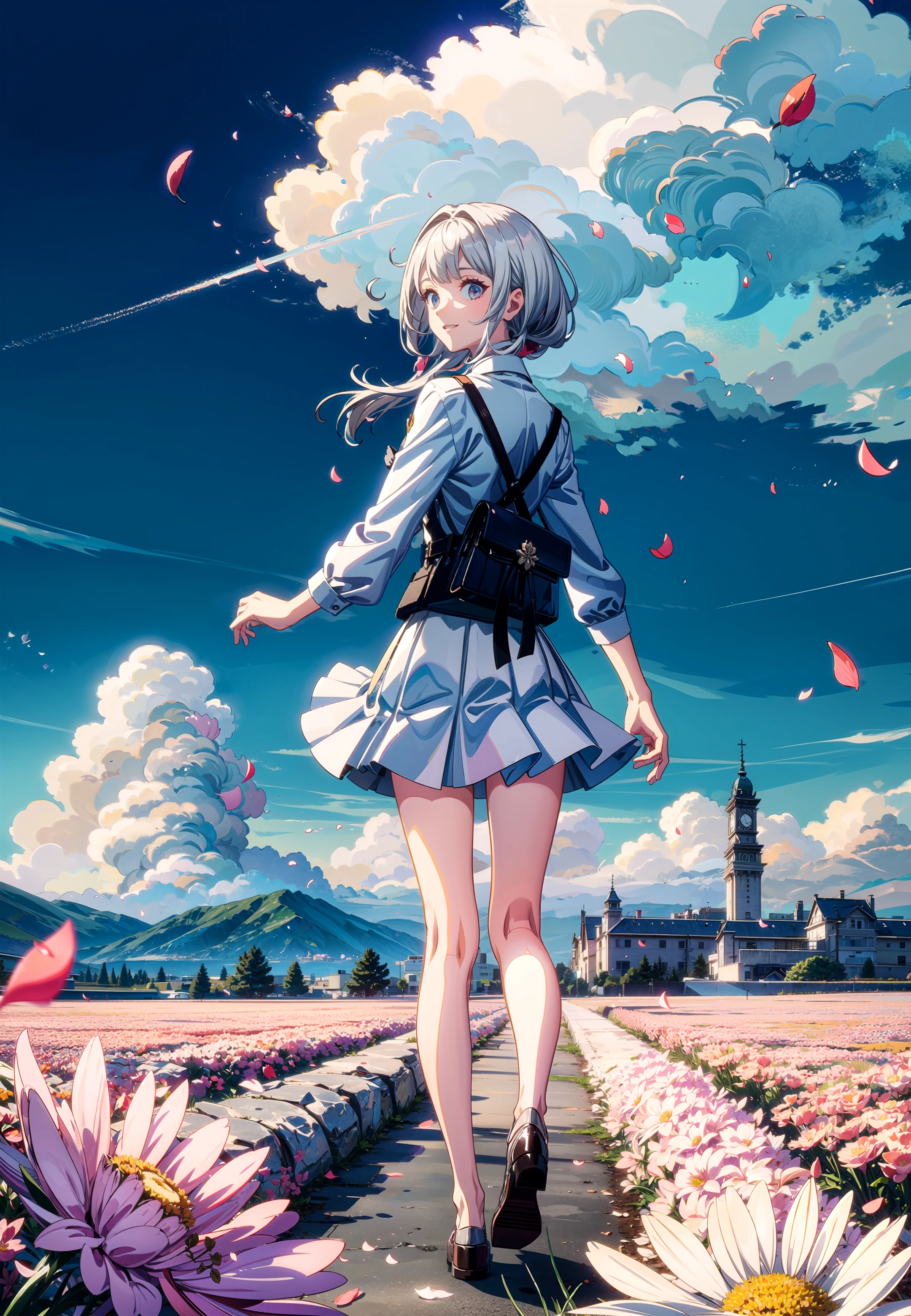masterpiece, best quality,
1girl, backlighting, white hair, solo, smile, white skirt, (flying petal:1.2), (flowery meadow), 
sky, cloudy sky, building, sun