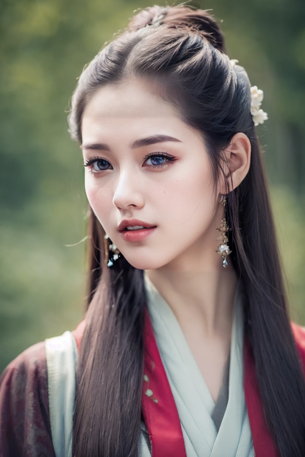 (8k, best quality, masterpiece:1.2),(realistic, photo-realistic:1.37),ultra-detailed,solo,beautiful detailed sky,(closed mouth) small breasts,1 girl,(Long hair:1.1),High horsetail,(white hair:1.1),Hanfu,(Look to the audience:1.2),(smile:1.05),beautiful detailed eyes,floating hair NovaFrogStyle,<lora:girl_20230604210014-000004:0.7>,