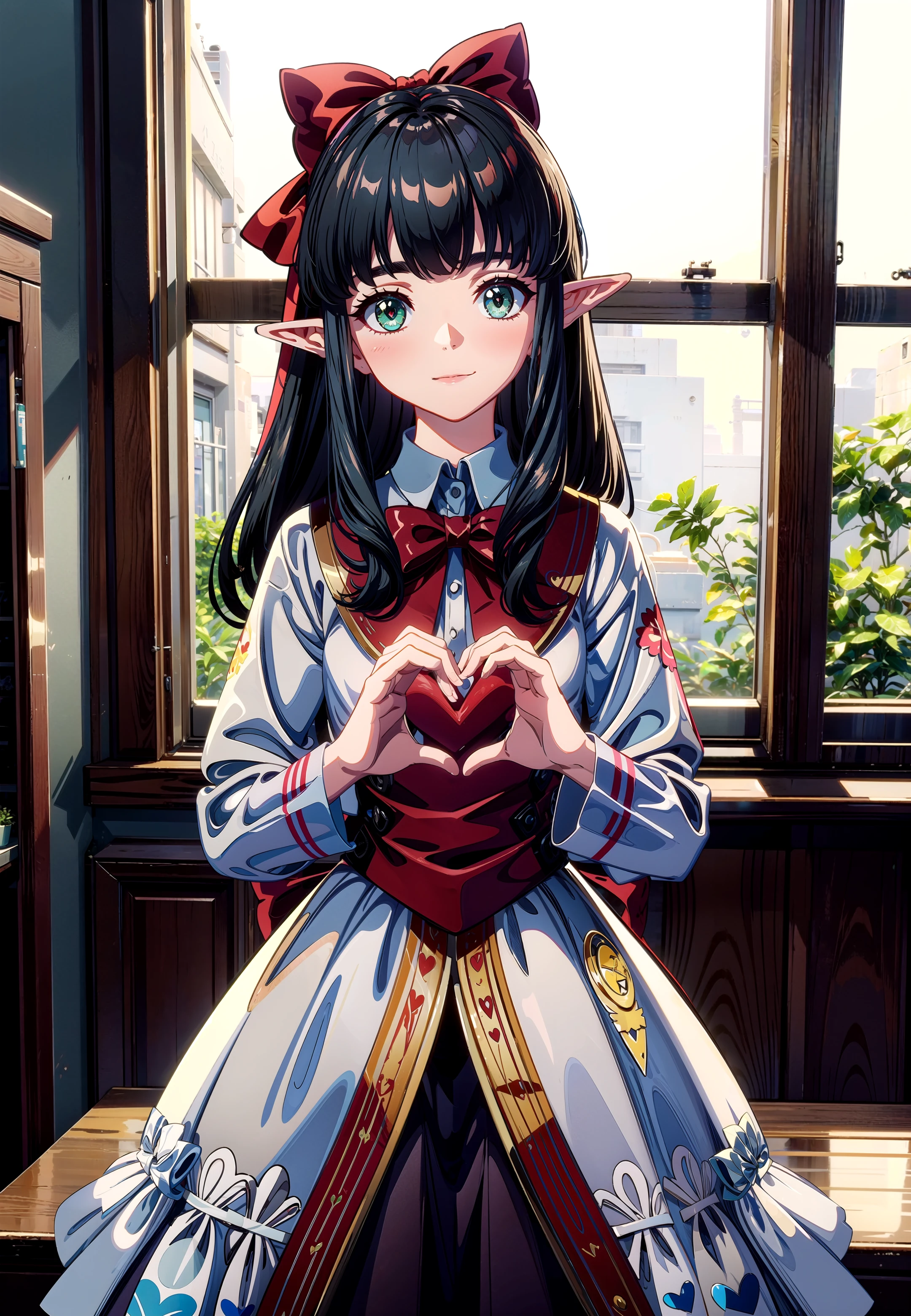 masterpiece, best quality, (hands heart:1.1)
1girl, elf, bangs, heart cutted, blue bow, bow, eyebrows visible through hair, green eyes, hair bow, heart, long hair, looking at viewer, smile, solo, very long hair,
indoors