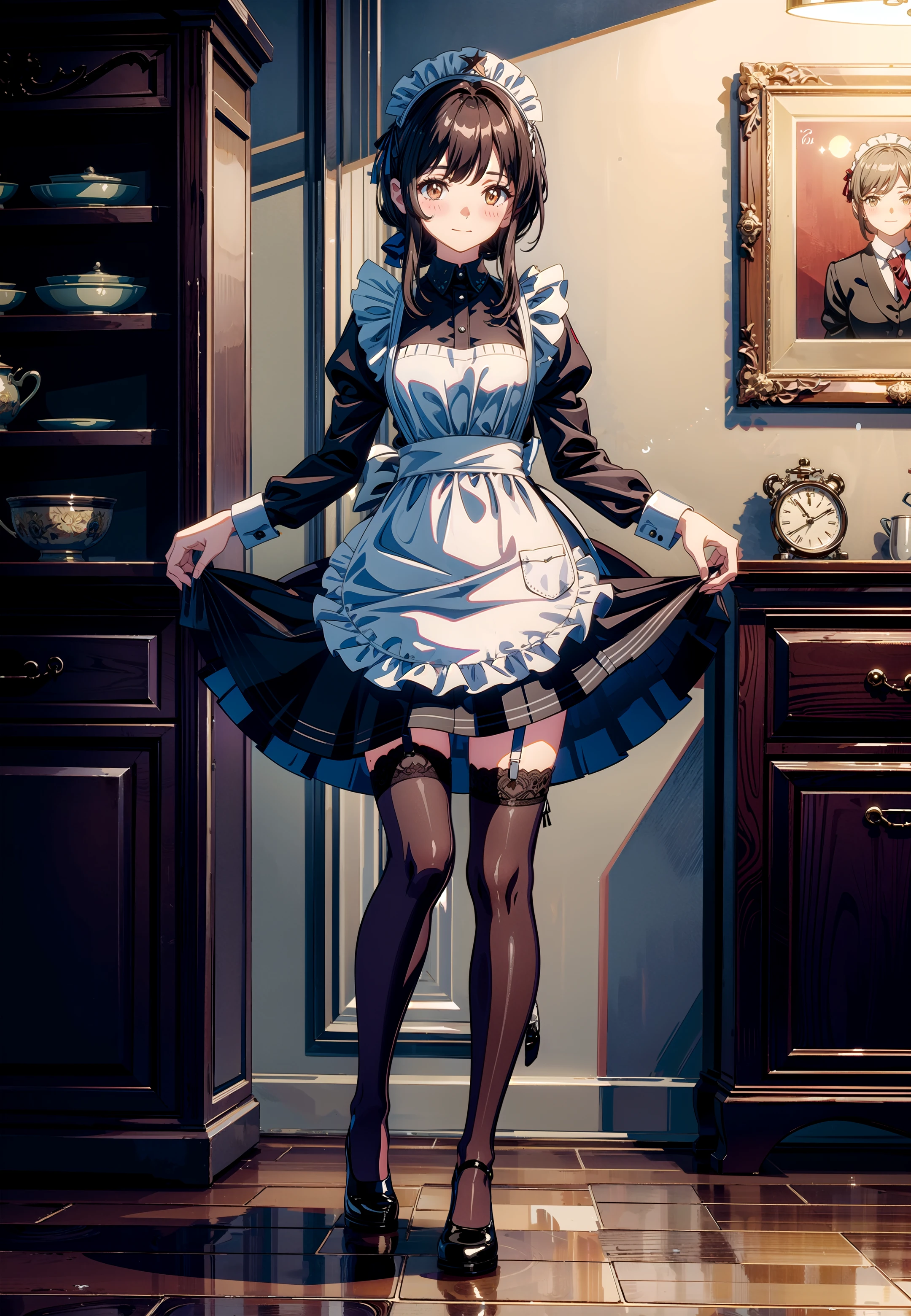 masterpiece, best quality, indoors, blush,
1girl, apron, black dress, black footwear, black hair, blush, brown eyes, brown legwear, dress, garter straps, black high heels, long hair, long sleeves, looking at viewer, maid, maid headdress, shoes, smile, solo, thighhighs, skirt hold, skirt lift,