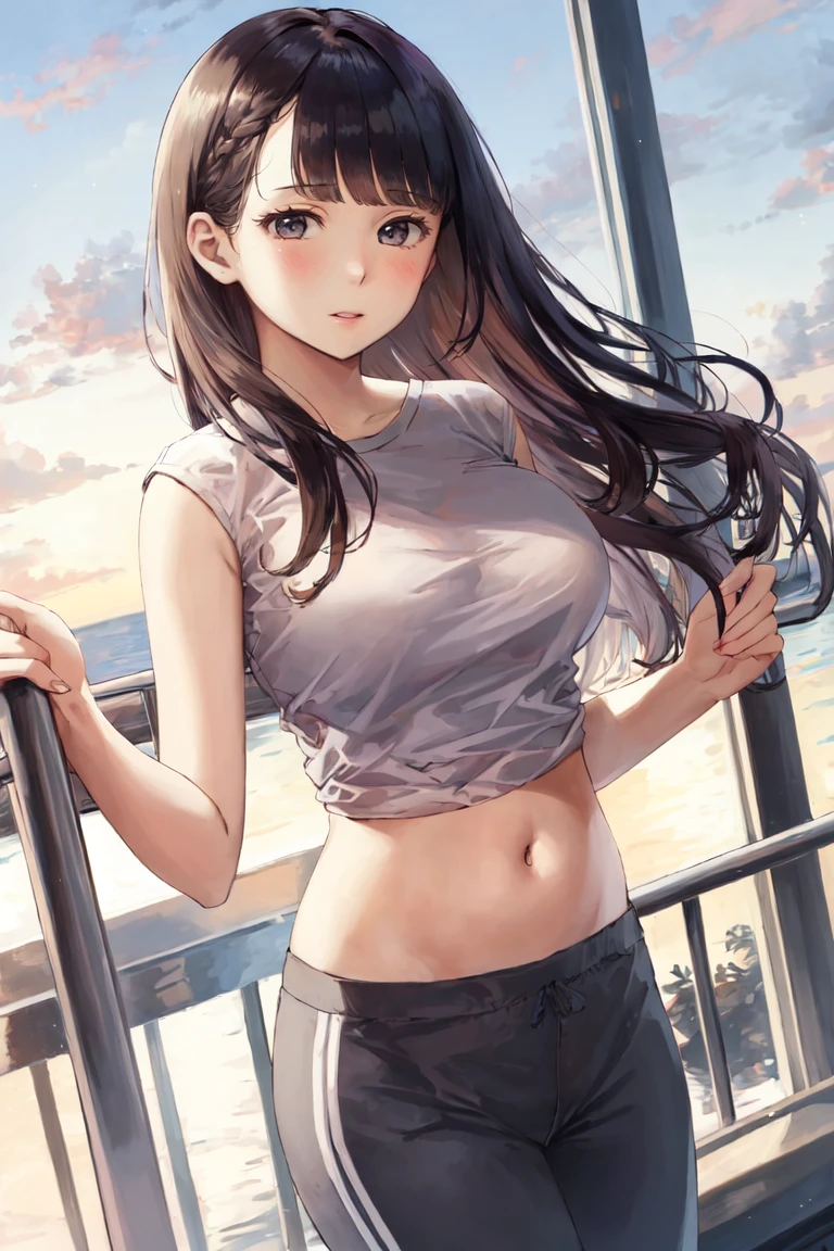 masterpiece, best_quality, 1girl, solo, stringer, capri pants, chestnut hair, large breasts, rectangular body, on a ferris wheel