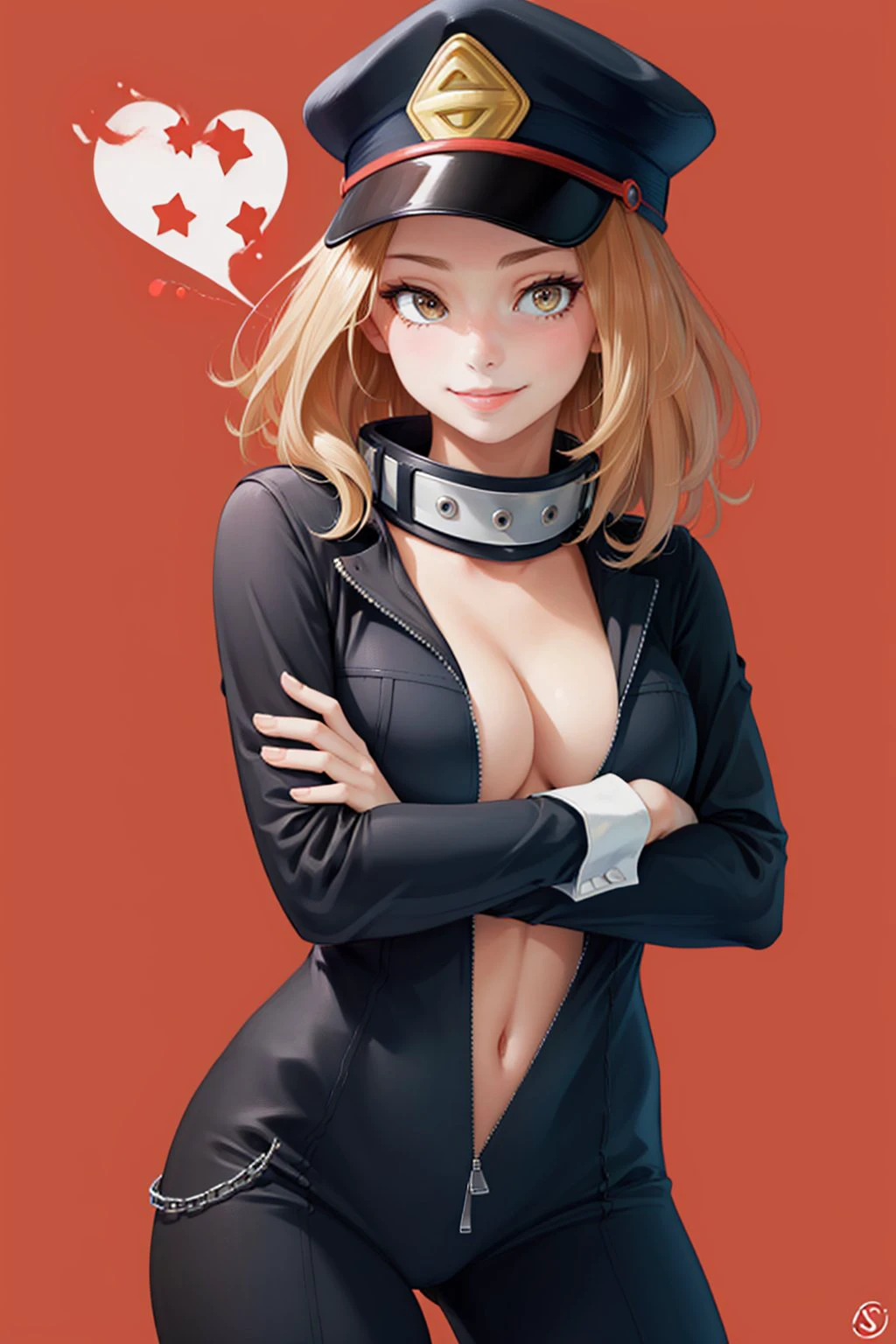 (masterpiece, best quality:1.2), <lyco:mha_utsushimi-09:1.0>, cowboy shot, solo, 1girl, utsushimi camie, smile, looking at viewer, crossed arms, peaked cap, black bodysuit, unzipped, cleavage