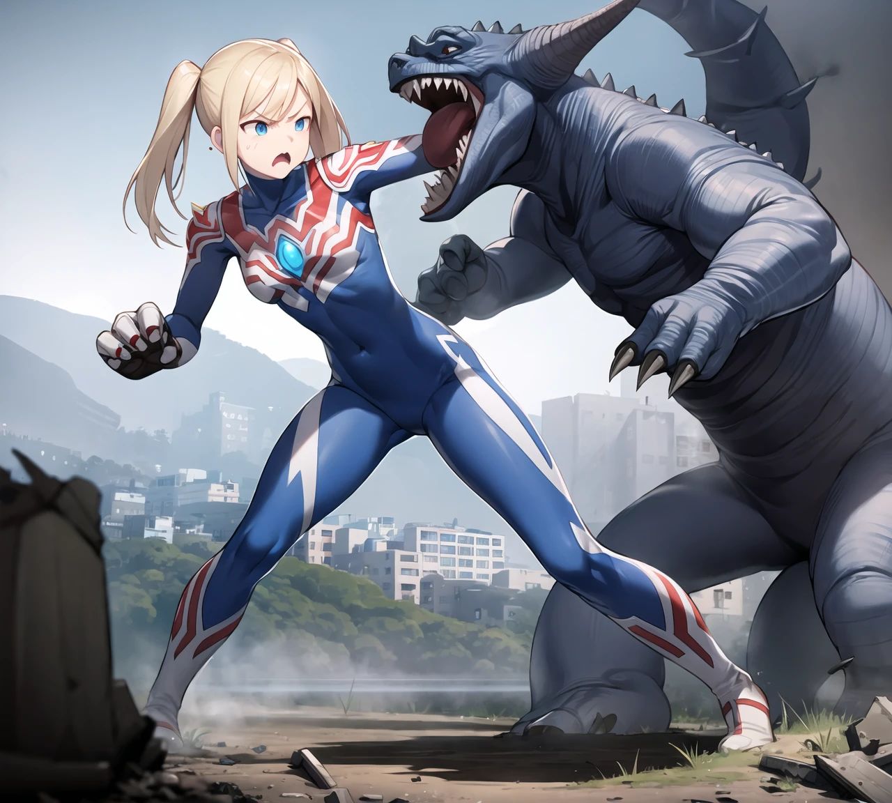 extremely detailed CG unreal engine 8k, best quality, from side, beautiful detailed 1 young girl, (ultgp :1.0), ultraman bodysuit, small breasts, full body, (angry face :1.2), twintail, fighting stance, Godzilla (attacking :1.2), (battle with monster, combat with monster, fighting), detailed (ruined buildings) behind, outside, ((dynamic), detailed fingers, detailed hands, detailed face), all intricate, (Rampage :1.0), solo
<lora:Ultgp-16b-000003:1.0> <lora:GTSv5:0.8>