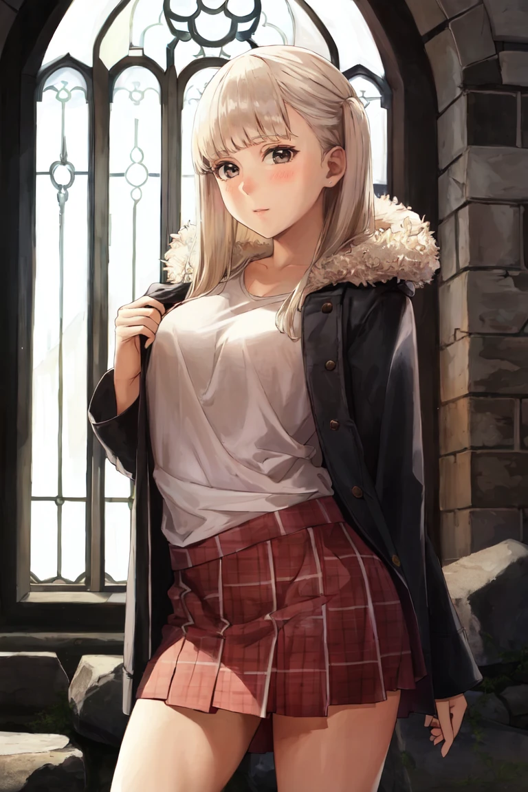 masterpiece, best_quality, 1girl, solo, fur-trimmed coat, shorts under skirt, platinum blonde hair, medium breasts, shapely body, in a ruined church