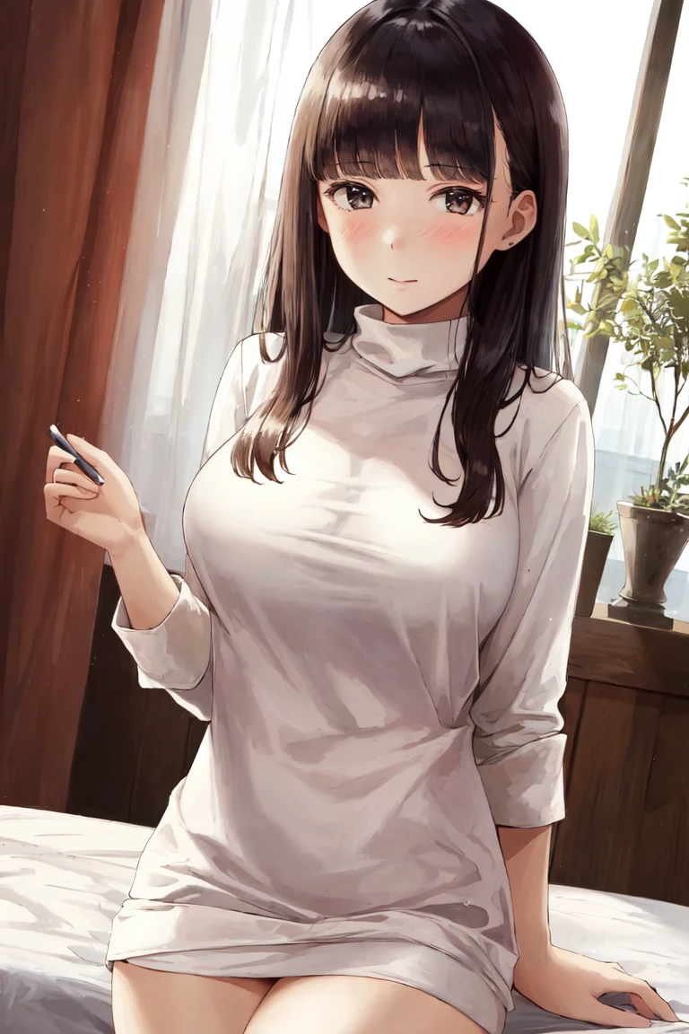 masterpiece, best_quality, 1girl, solo, turtleneck, petticoat, black hair, large breasts, slender body, in a hotel room
