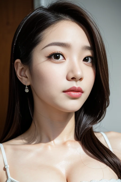 film grain,1 Ulzzang girl,long lashes,mascara,aegyo sal,cleavage visible,(masterpiece:1.2) and (best quality:1.2) and (photorealistic:1.4) and (Realistic:1.4) and Detailed Skin Textures and detailed skin pores,wear elegant dresses