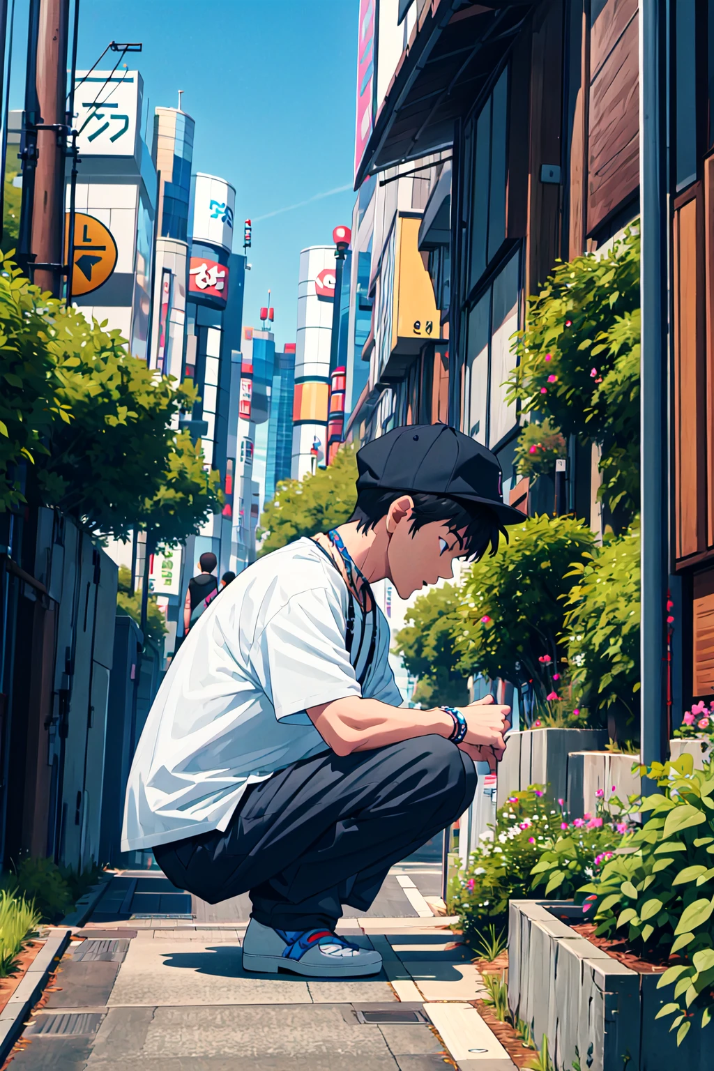 1boy close-up,harajuku fashionoutdoors,squatting
