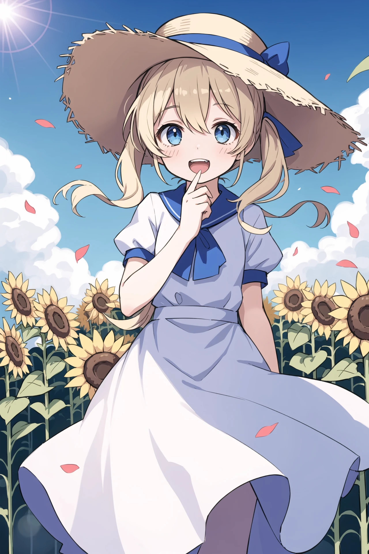 cute little girl,,solo,wind,pale-blonde hair, blue eyes,very long twintails,white hat,blue sky,laugh,double tooth,,lens flare,dramatic, coastal,
flying petal, flowery field, sky, sun,field, sunflower, masterpiece, best quality,