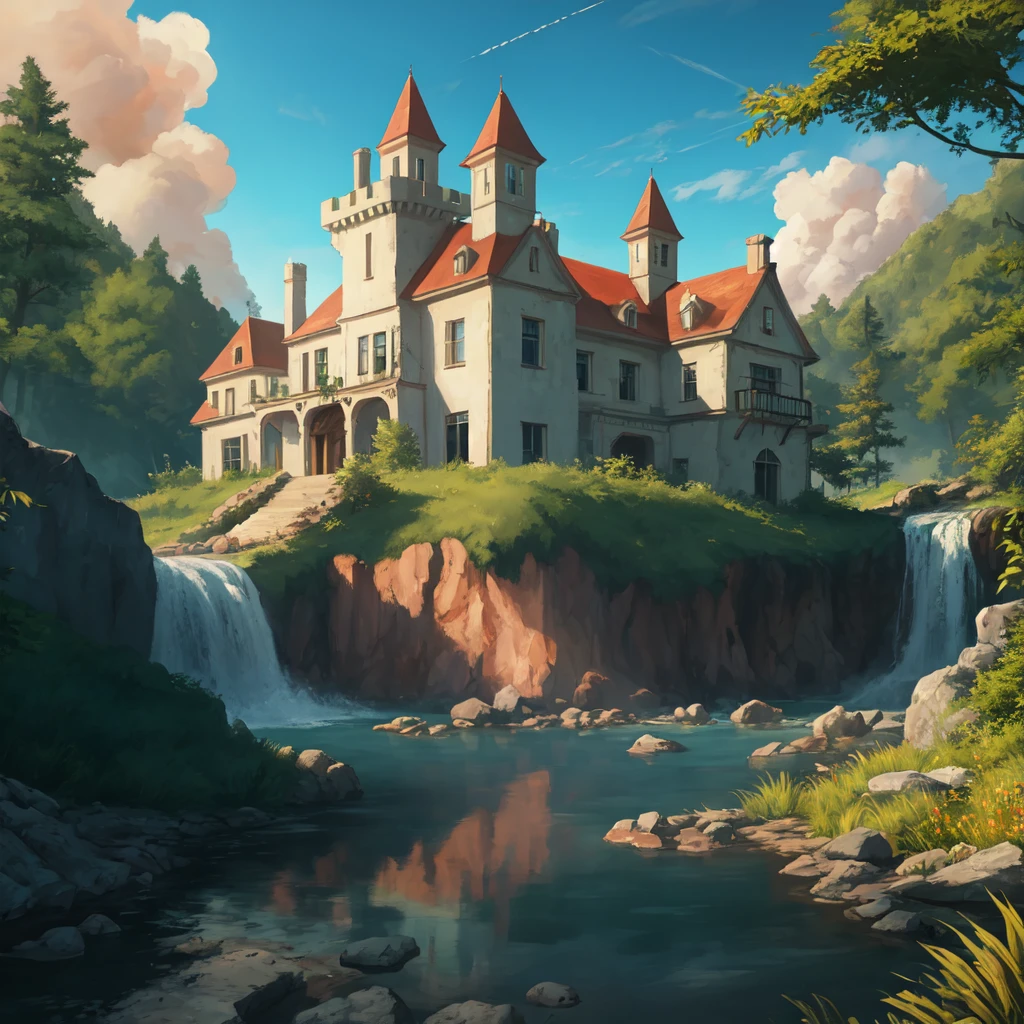 old painting style, abandoned overgrown castle mansion in a forest, oversaturated, princess tower, gazebo, balcony, colorful, highly detailed, high resolution, ray tracing reflections, dramatic lighting, 8k vibrant colors, detailed acrylic, intricate complexity, soft natural volumetric cinematic perfect light, oil painting,star \(sky\), a larger plants, landscape, empty, waterfall, claping,fire, ruin, smoking,warship,a large gunfire,bodies and skull, a lot of widelife,