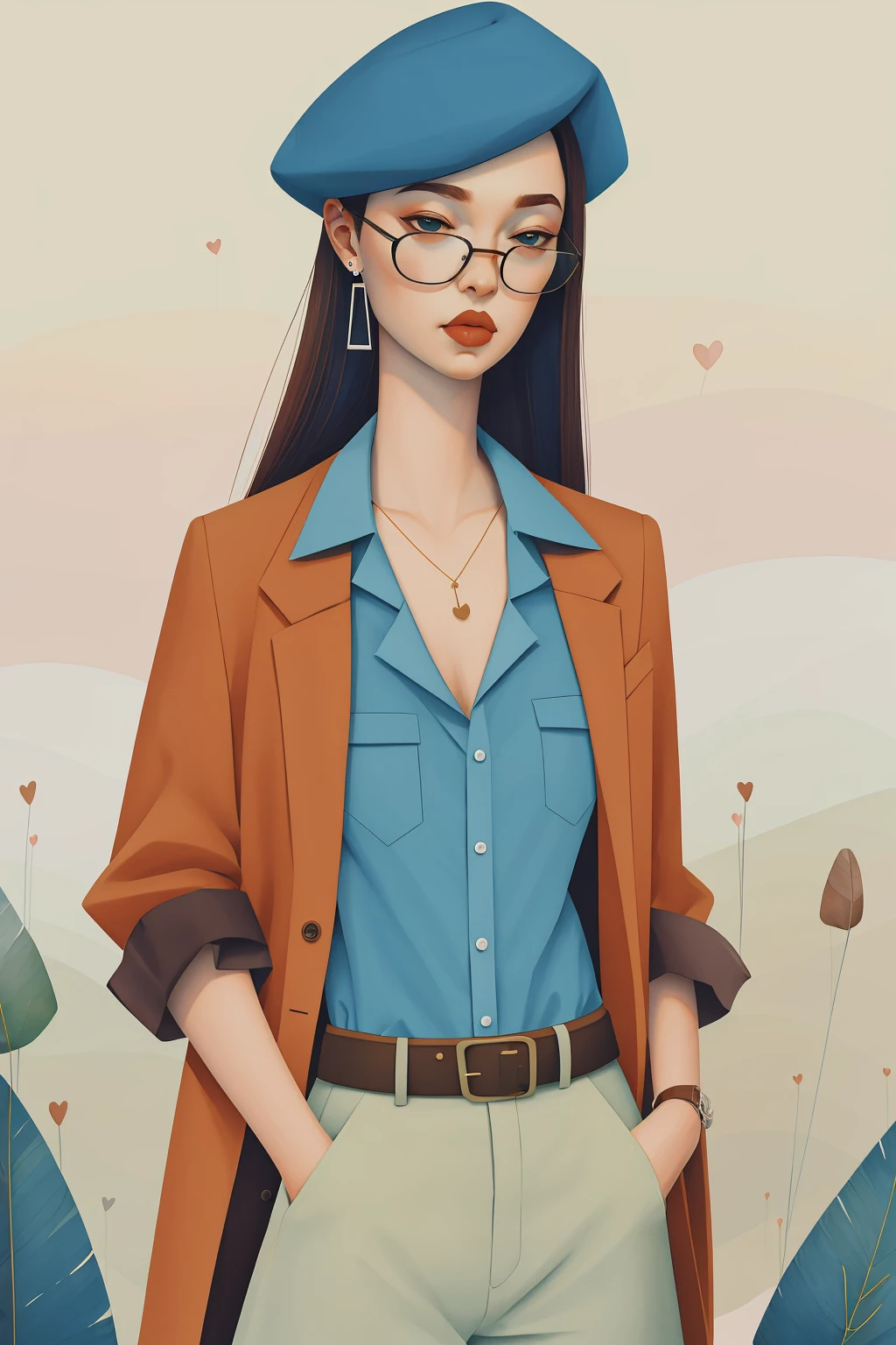 2d, nsfw, pastel color, watercolor, 
lineart, 
ankymoore, 1girl, solo, long hair, looking at viewer, skirt, brown hair, shirt, hat, brown eyes, jewelry, jacket, white shirt, heart, earrings, glasses, collared shirt, belt, pants, necklace, coat, beret, blue jacket, black belt, hand in pocket, blue pants, shirt tucked in,
 <lora:ankymoore-04:0.9>
