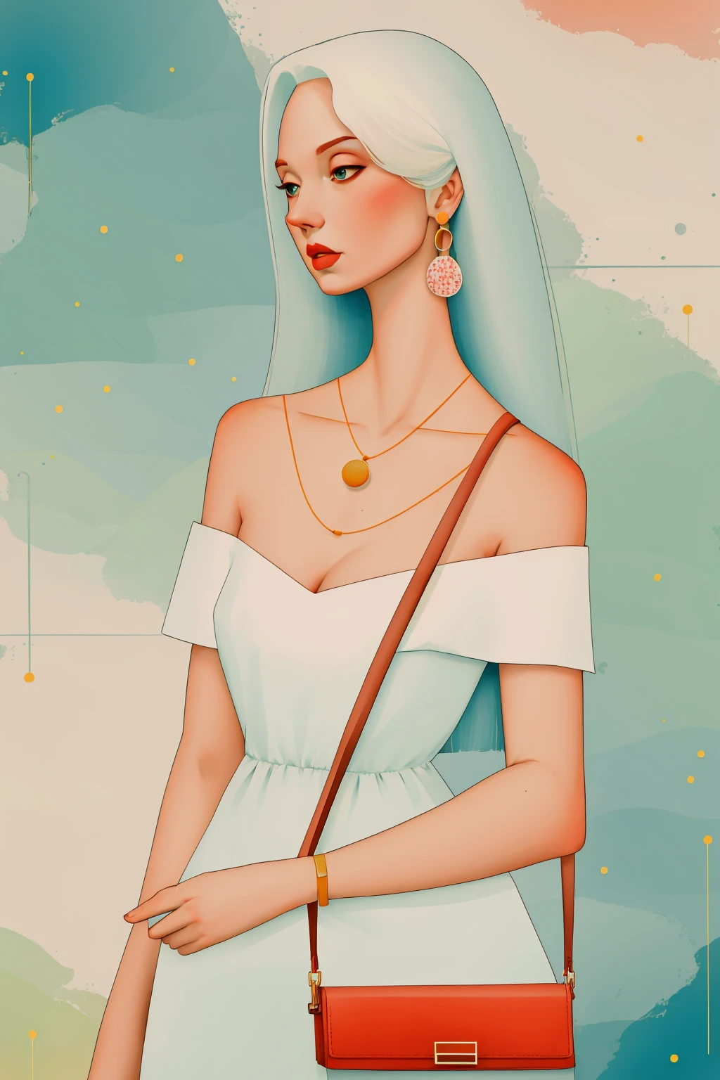 2d, nsfw, pastel color, watercolor,
lineart,
ankymoore, 1girl, solo, long hair, looking at viewer, dress, cleavage, bare shoulders, jewelry, white hair, earrings, necklace, off shoulder, bag, white dress, bracelet, crescent, handbag, shoulder bag, off-shoulder dress, red lips, crescent earrings, low color saturation,
<lora:ankymoore-04:0.9>