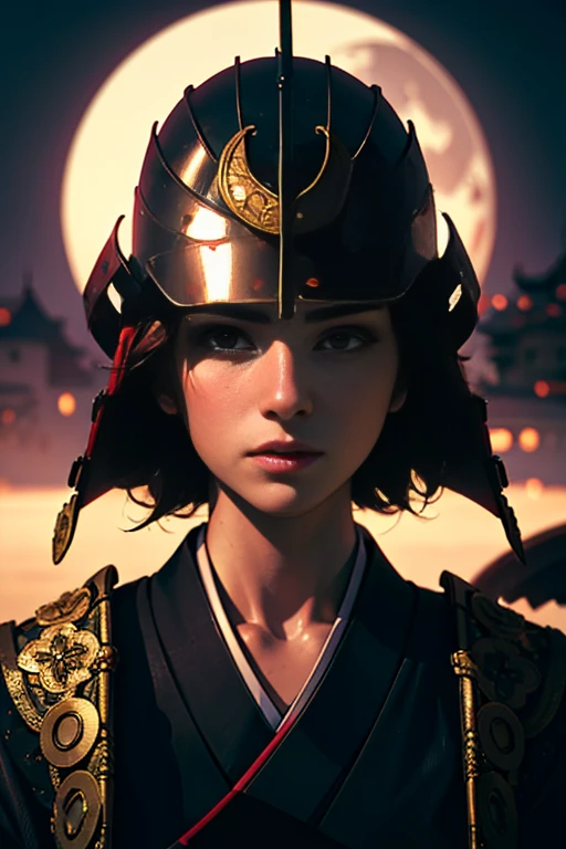 1woman, portrait, a beautiful girl wearing samurai helmet, short hair, looking at viewer, japan castle in front of full moon center in frame, <lora:samuraiLoraV01:0.8>, Photorealistic, Hyperrealistic, Hyperdetailed, analog style, hip cocked, demure, low cut, detailed skin, matte skin, soft lighting, subsurface scattering, realistic, heavy shadow, masterpiece, best quality, ultra realistic, 8k, golden ratio, Intricate, High Detail, film photography, soft focus, blurry background,