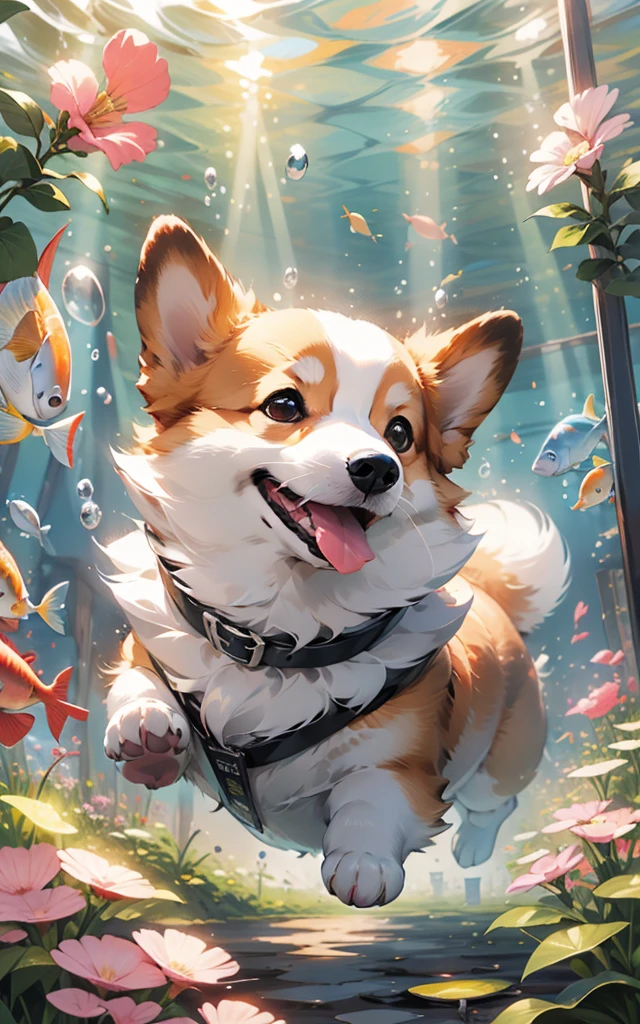 Bubble,(HD screen:1.1),(some fish:1.1),1 dog,mangguo_keji_water under,Corgi,(Elegant hair:1.2),<lora:mangguo:1>,