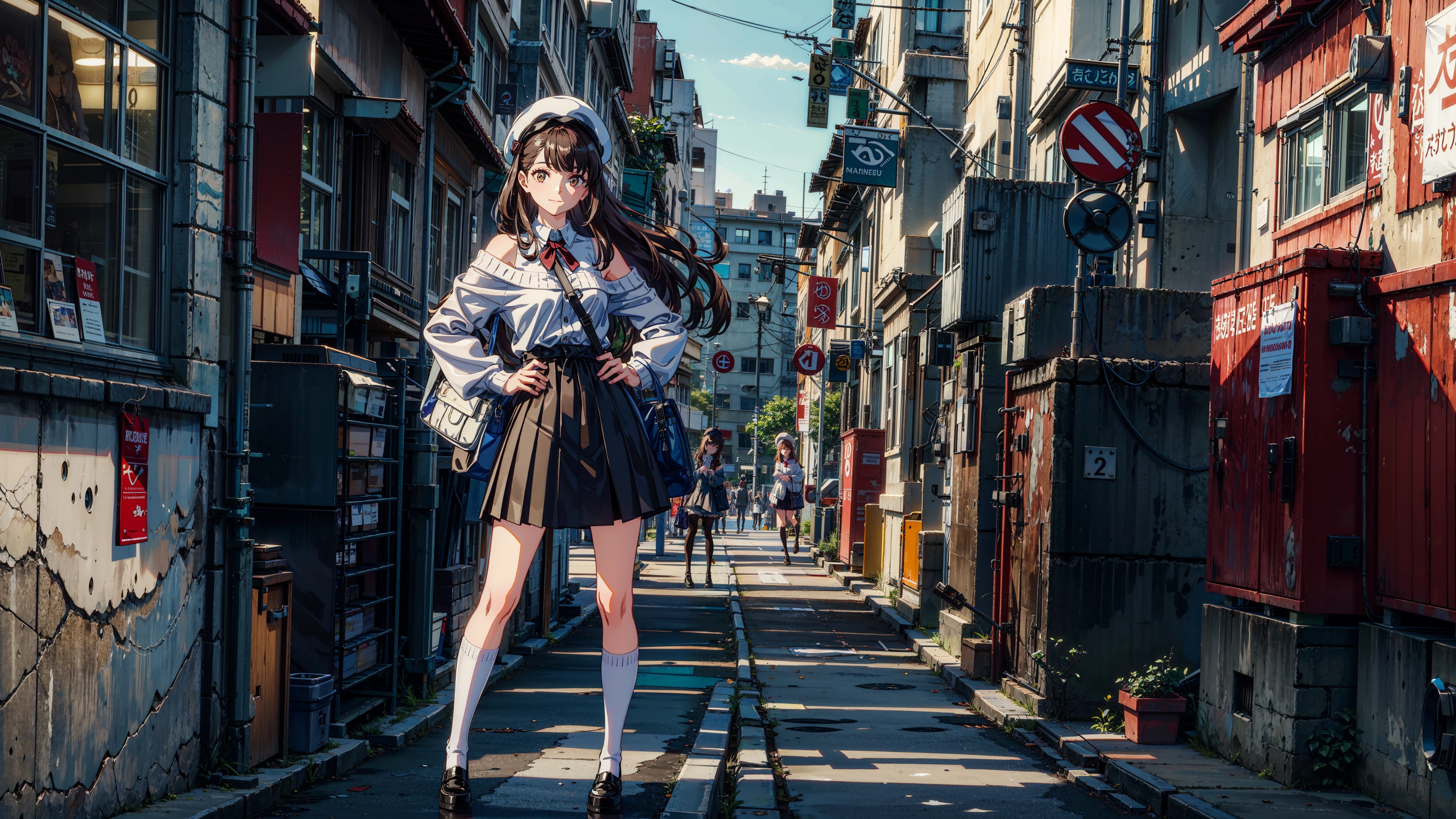 masterpiece, best quality, smile, hands on hips,
1girl, bag, street, bangs, bare shoulders, beret, black footwear, black headwear, brown eyes, brown hair, closed mouth, handbag, hat, holding, long hair, long sleeves, looking at viewer, off shoulder, shoes, skirt, sleeves past wrists, socks, solo, sweater, white legwear,