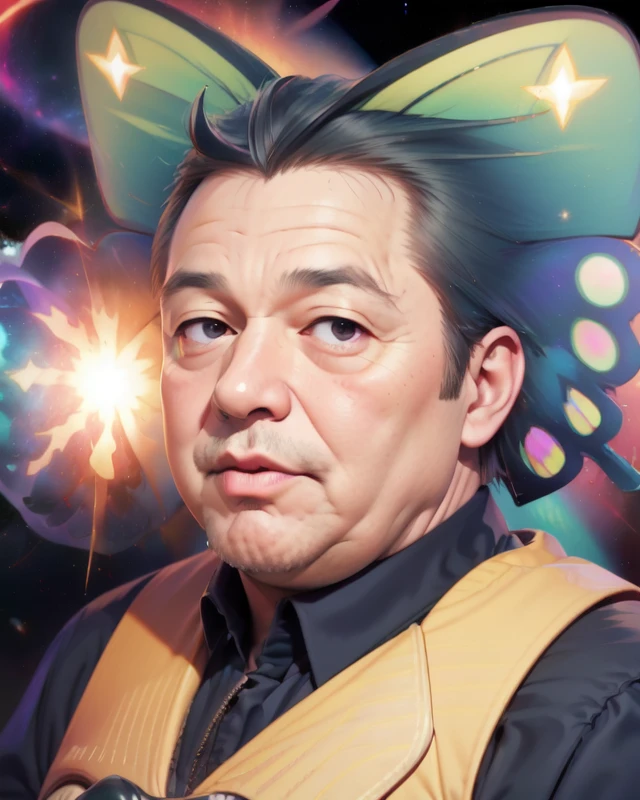 <lora:Your_Daydream_My_Nightmare:1>,(black butterfly hair:1.3), black suits, (fat mature man:1.5) , (realistic nose:1.5), antennas, (supernova:1.5), (galaxy:1.5)