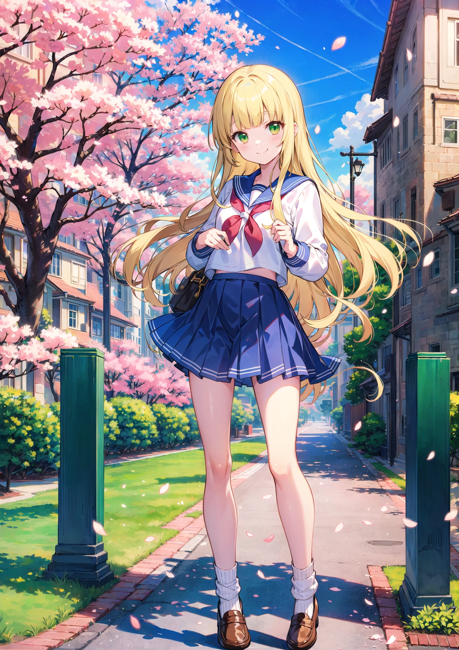 cute standing in front of the school gate,blonde hair,green eyes,long hair,(blunt bangs),(sailor uniform:1.3),loose socks,loafers,full body,smile,kawaii,cowboy shot,concept art,cherry blossom tree,blue sky,
