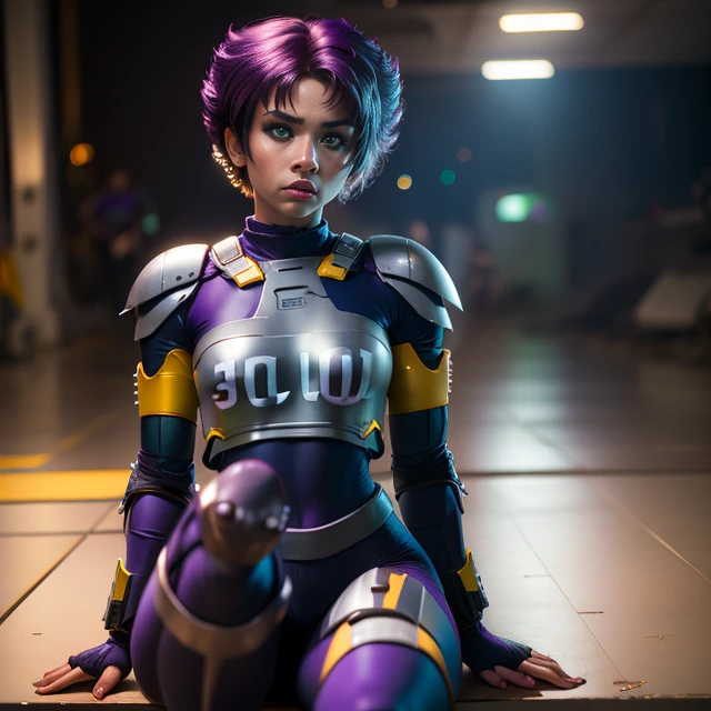Kanoko, spiky hair, (short hair), purple hair,dark-skinned female,green eyes,makeup,(solo1:2) , serious expression, fully body,
KanArmor, navy blue tight bodysuit ,grey shoulder pads, grey knee pads,grey breastplate,fingerless gloves,cybercop,
(insanely detailed, beautiful detailed face, masterpiece, best quality) <lora:Kanoko-10:0.8>