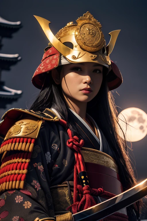 1woman, portrait,  a beautiful girl wearing samurai helmet,  short hair, looking at viewer, japan castle in front of full moon center in frame, <lora:samuraiLoraV01:0.7>, Photorealistic, Hyperrealistic, Hyperdetailed, analog style, hip cocked, demure, low cut, detailed skin, matte skin, soft lighting, subsurface scattering, realistic, heavy shadow, masterpiece, best quality, ultra realistic, 8k, golden ratio, Intricate, High Detail, film photography, soft focus,  blurry background,