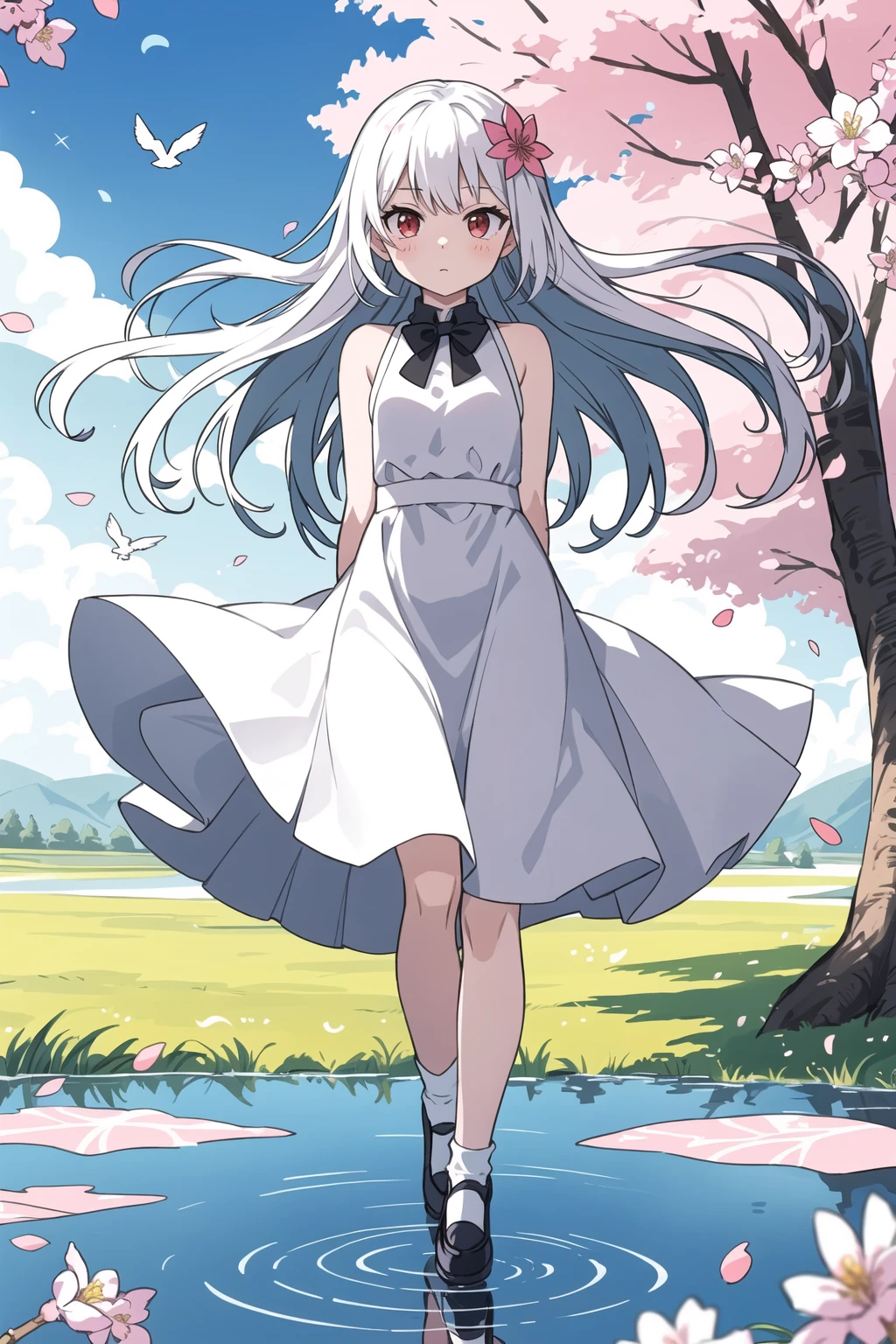 (Highest picture quality), (Master's work),(Detailed eyes description),(Detailed face description),
1girl,red eyes,white hair,(very long hair),very long hair (floating in the wind),hair ornament,white dress,small breast,bare legs,white socks,leather shoes,arms and hands behind back,blush,fluttering grass,(spring,sakura blossoms),petals,(lens flare),altocumulus,dazzling light,cool breeze,(shade) of [a sakura tree],meadow,(the grass is growing and the birds are flying),(lake,surface reflection)