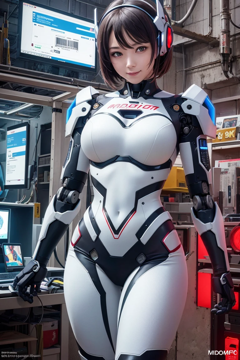 (8k, RAW photo, realistic, photo-realistic:1.5), masterpiece, best quality, high resolution, extremely detailed, detailed background, cinematic lighting, dynamic angle, science fiction, cyberpunk, mecha, mecha musume, 1girl, robot girl, android, short hair, mechanical parts, robot joints, robot ears, mecha armor, leotard, dress, gloves, smile, shiny clothes, impossible bodysuit, impossible clothes, clothing cutout, stomach cutout, midriff, looking at viewer, headgear, head-mounted display, barcode, barcode tattoo, glowing, glowing tattoo, wire, torn clothes, industrial pipe, monitor, womb tattoo