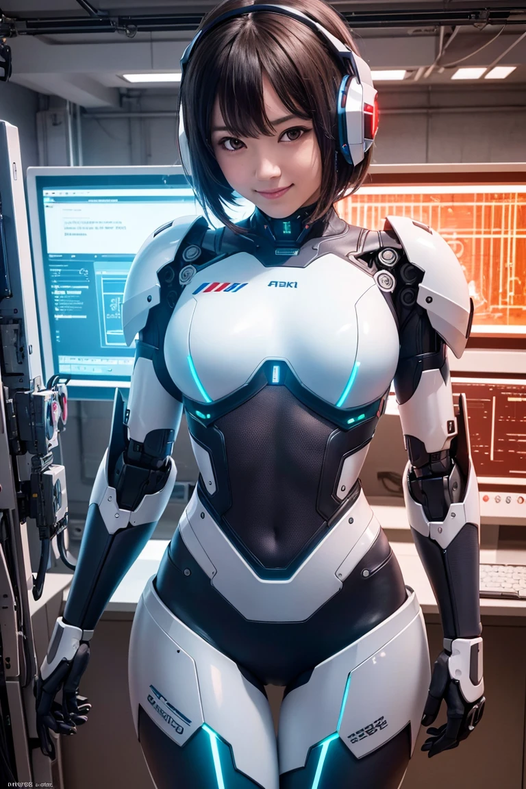 (8k, RAW photo, realistic, photo-realistic:1.5), masterpiece, best quality, high resolution, extremely detailed, detailed background, cinematic lighting, dynamic angle, science fiction, cyberpunk, mecha, mecha musume, 1girl, robot girl, android, short hair, mechanical parts, robot joints, robot ears, mecha armor, leotard, dress, gloves, smile, shiny clothes, impossible bodysuit, impossible clothes, clothing cutout, stomach cutout, midriff, looking at viewer, headgear, head-mounted display, barcode, barcode tattoo, glowing, glowing tattoo, wire, torn clothes, industrial pipe, monitor, womb tattoo