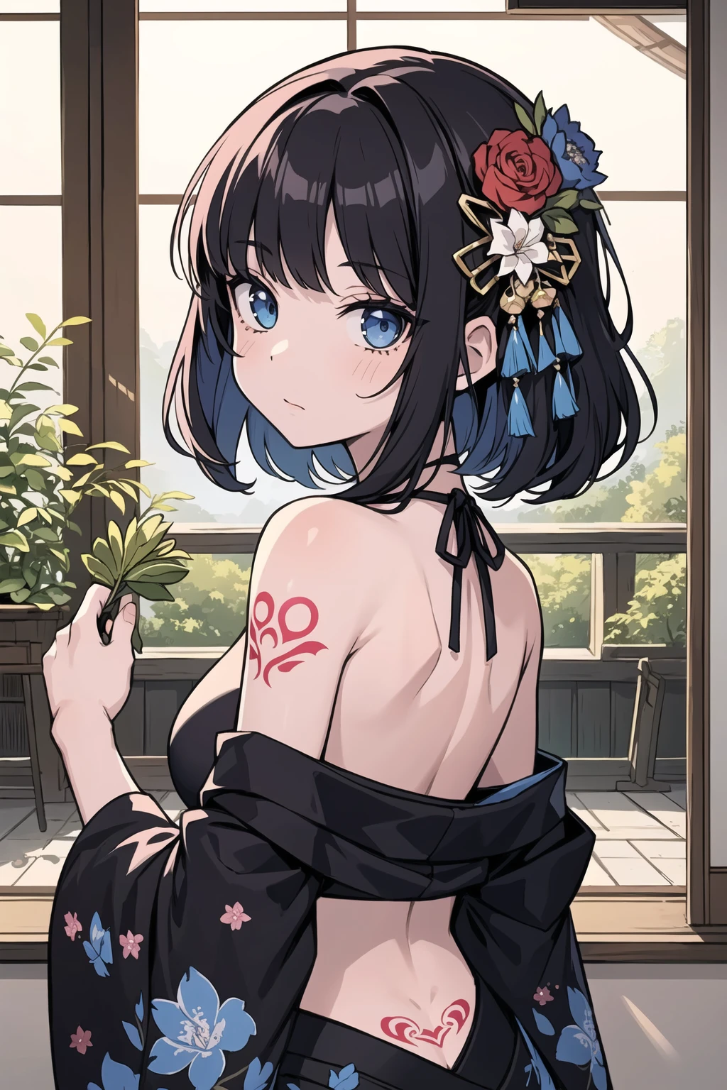 (masterpiece, top quality, best quality, official art, beautiful and aesthetic:1.2),1girl, tattoo, solo, japanese clothes, hair ornament, unsheathing, black hair, sheath, back tattoo, blue eyes, off shoulder, bare shoulders, looking back, from behind, flower, looking at viewer, holding, makeup,
indoor,
<lora:tattoo_lora01:0.8>