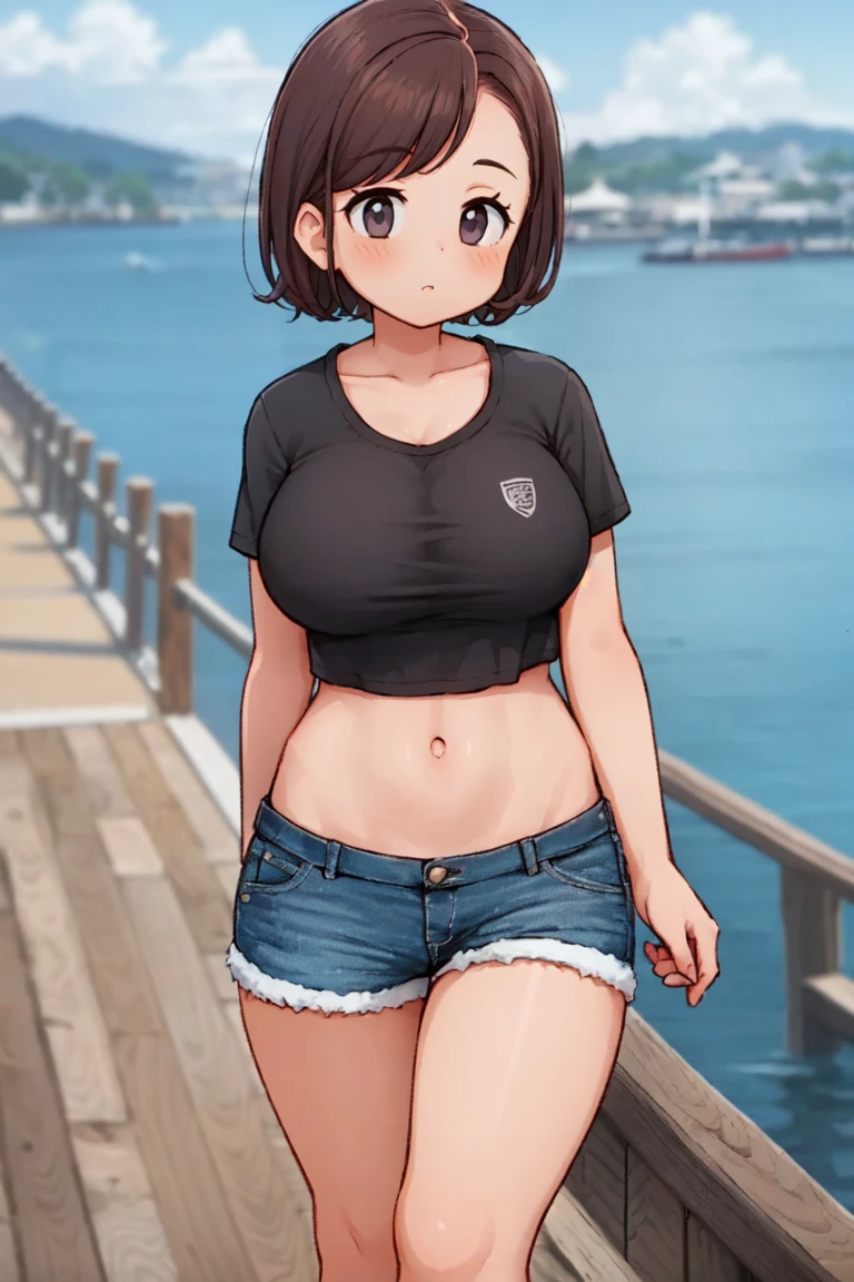 masterpiece, best_quality, 1girl, solo, crop top, lowleg shorts, dark red hair, huge breasts, burly body, on a jetty