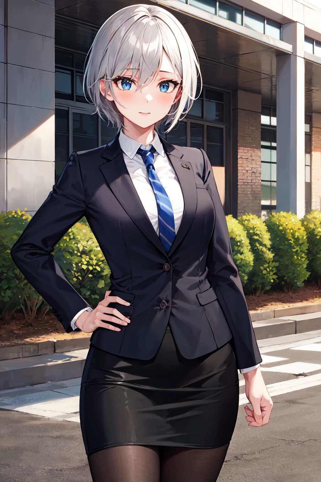 masterpiece, best quality, highres, 1girl, grey hair, short hair, blue eyes, medium breasts, <lora:anastasia_(idolmaster)_v2:0.7>, office lady, necktie, black suit, pencil skirt, hand on hip, outdoors,