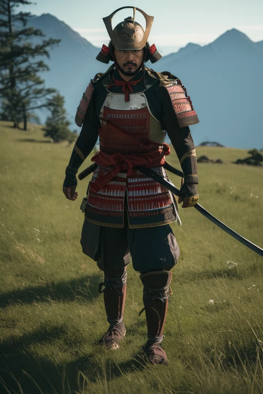 solo, 1man, full body samurai and helmet <lora:samuraiLoraV01:1>