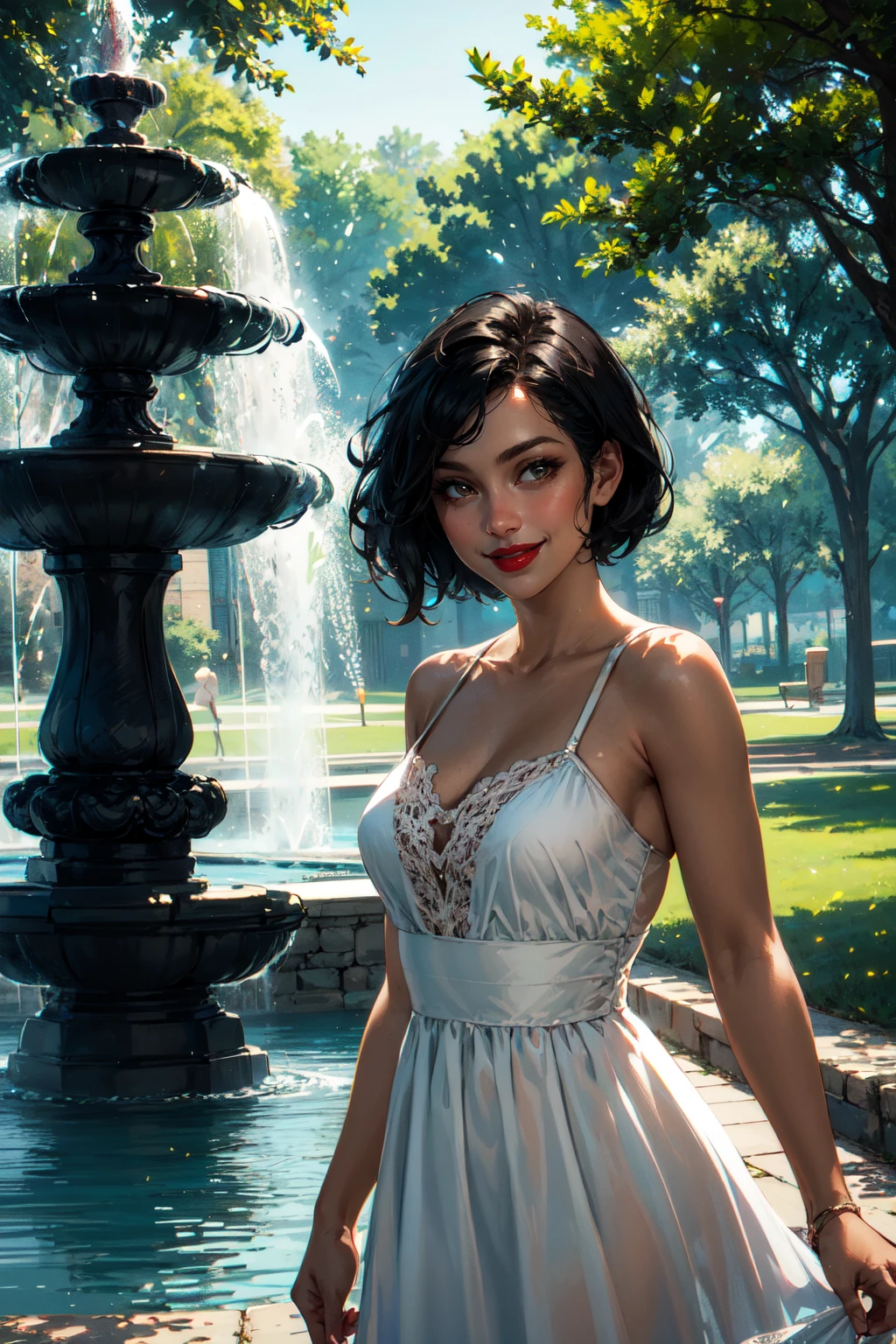 bright scene, sunlight, cowboy shot of beautiful lady in white sundress, short black hair, red lips, summer day, smiling, park, fountain, particles, tree