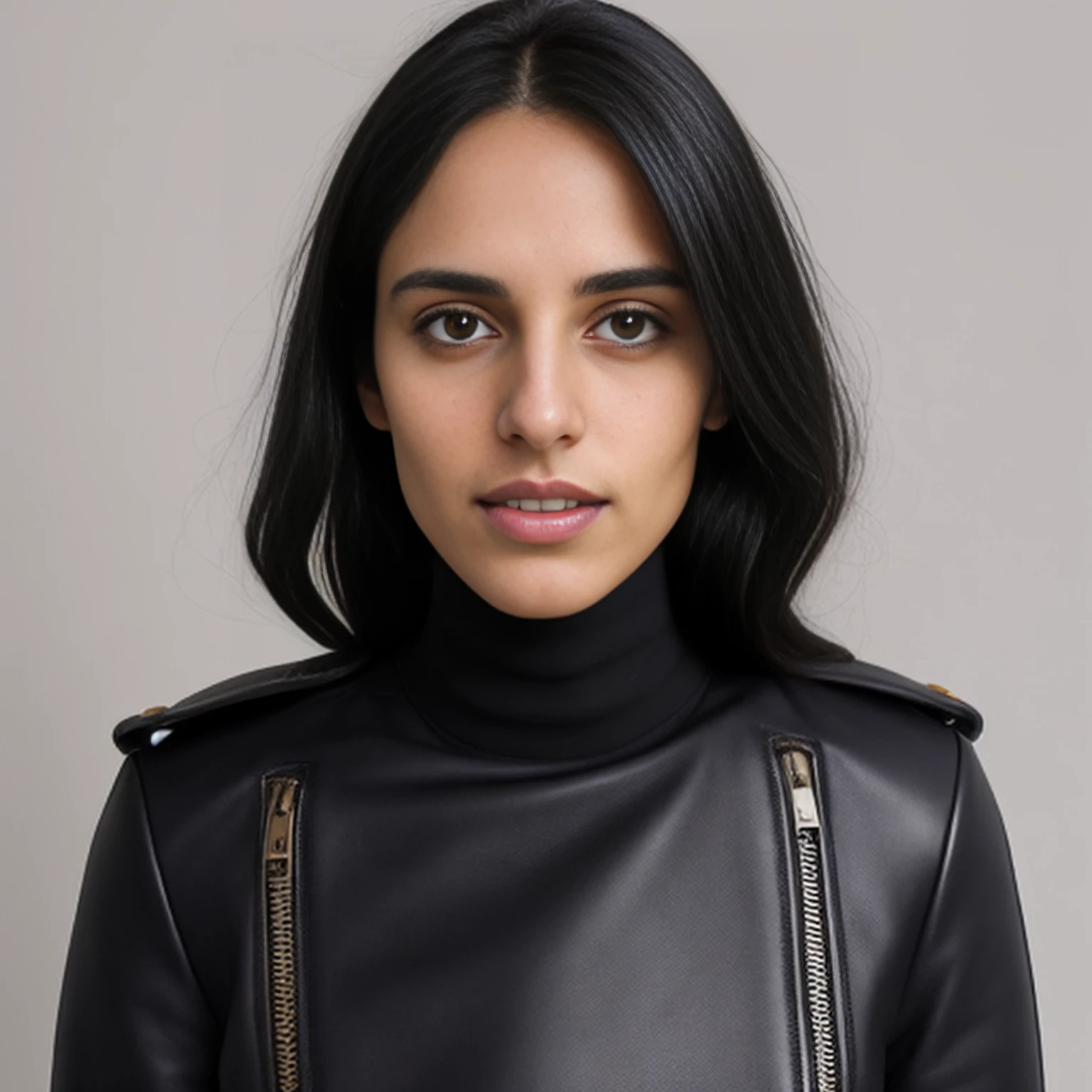 desigirl, a portrait photo of a 30yo woman, 1girl, wearing ornate leather jacket, ((white turtle neck)), night time photography, (head shot), studio quality