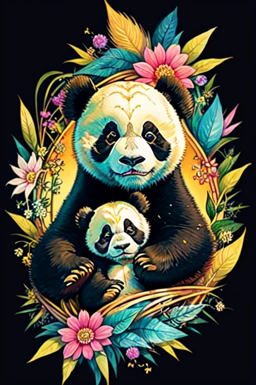 masterpiece, top quality, best quality, official art, beautiful and aesthetic, (Panda catcore:1.3), extremely detailed, fractal art, colorful flowers, highest detailed, zentangle, dynamic pose, abstract background, many colors, earrings, feathers