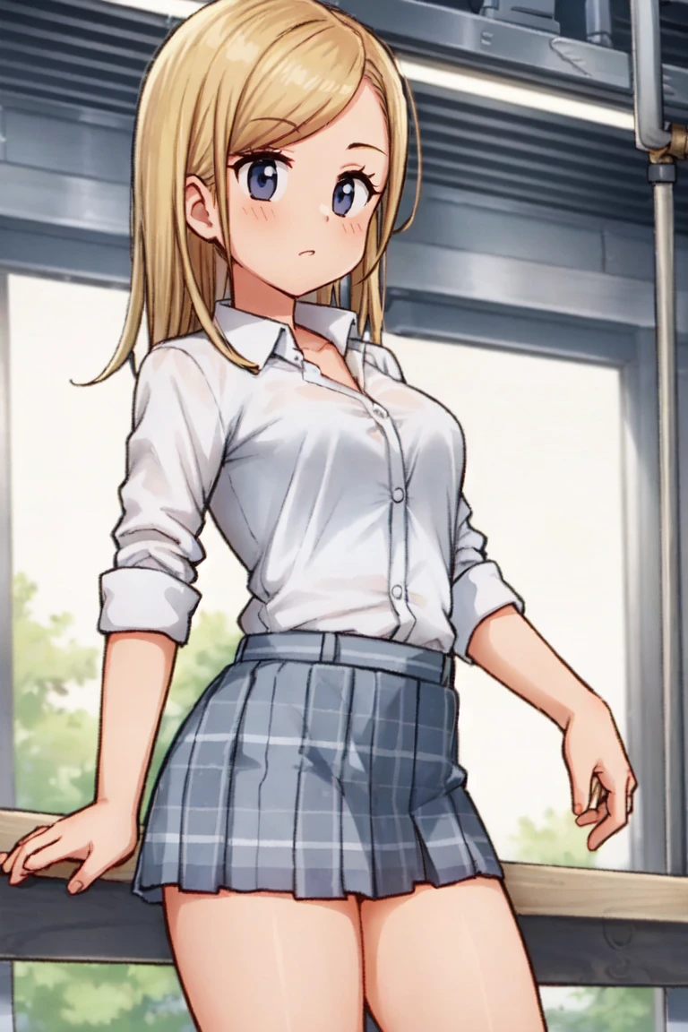 masterpiece, best_quality, 1girl, solo, dress shirt, plaid skirt, medium blonde hair, breasts, serpentine body, in an industrial complex