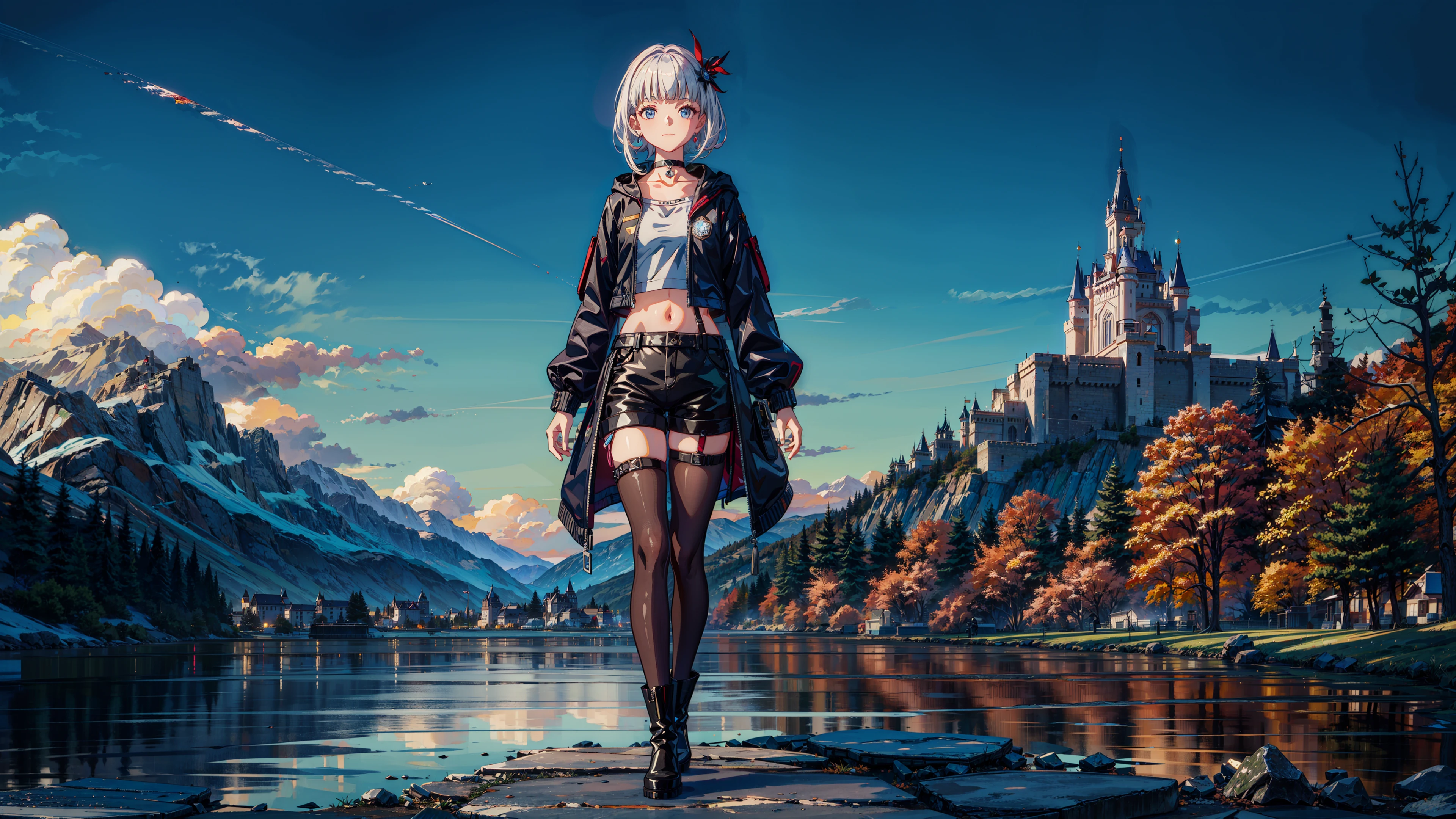 masterpiece, best quality,
1girl, ankle boots, asymmetrical legwear, bangs, black coat, black footwear, black jacket, black shorts, blue eyes, blunt bangs, choker, closed mouth, crop top, earrings, full body, hair ornament, jacket, jewelry, long hair, long sleeves, looking at viewer, navel, pantyhose, short shorts, smile, solo, standing, thigh strap, uneven legwear, white hair,
sky, sun, mountain, forest, lake, (castle on the mountain:1.6)