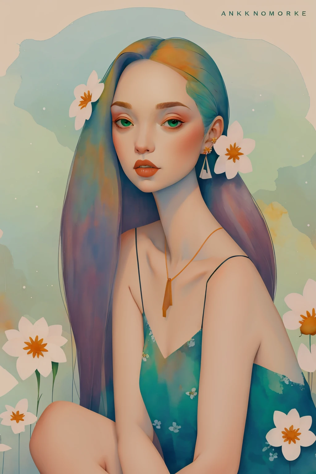 2d, nsfw, pastel color, watercolor, low color saturation,
lineart,
ankymoore, 1girl, solo, long hair, looking at viewer, brown hair, hair ornament, dress, bare shoulders, brown eyes, jewelry, sitting, flower, earrings, hairclip, artist name, bracelet, makeup, white flower, green dress, head rest,
<lora:ankymoore-04:0.9>