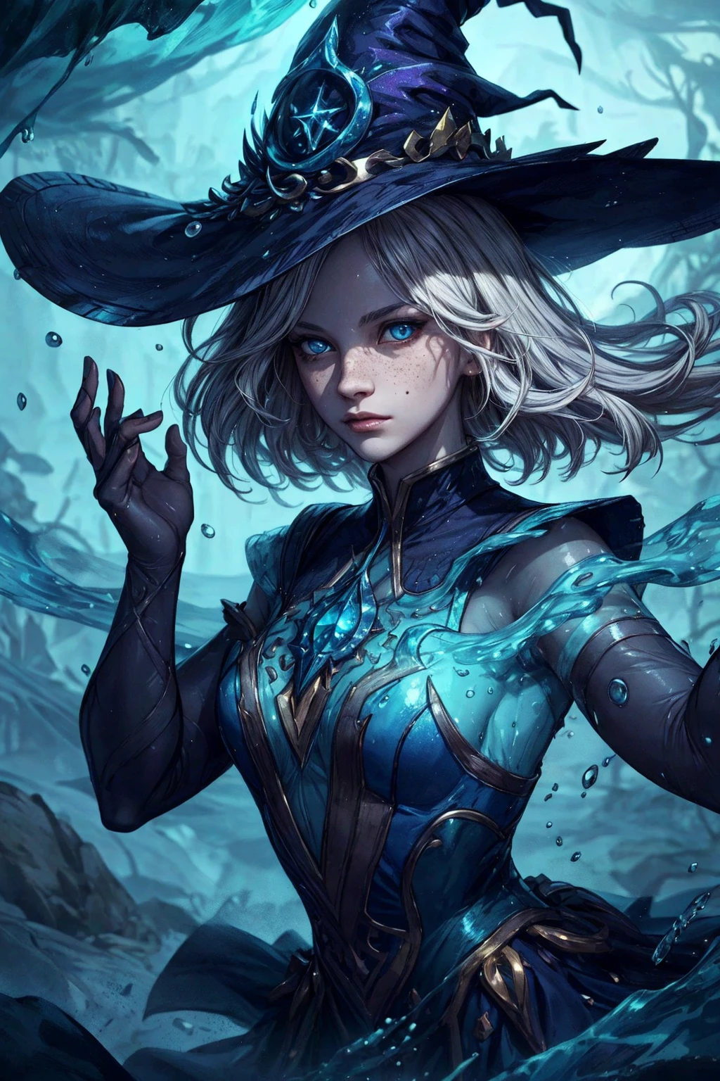 (best quality, masterpiece:1.2), 8k detailed cgi render, thick outlines, strong shadows, <lora:add_detail:0.75>,
1 girl, adult jewish woman, freckles, brown eyes, platinum blonde straight hair,
(style-swirlmagic:0.8), portrait, solo, upper body, looking at viewer, detailed background, detailed face, (<lora:WitchcraftPunkAI:0.5>, WitchcraftPunkAI theme:1.1), (glowing eyes:1.05), water sorcerer, surrounded by swirling water, <lora:waterVFX:0.4> controlling the water, fantasy hydromancer clothes, dynamic pose, floating particles, focusing, mystical water, drops of water, river in background, blue tones, bright lighting, ethereal atmosphere,