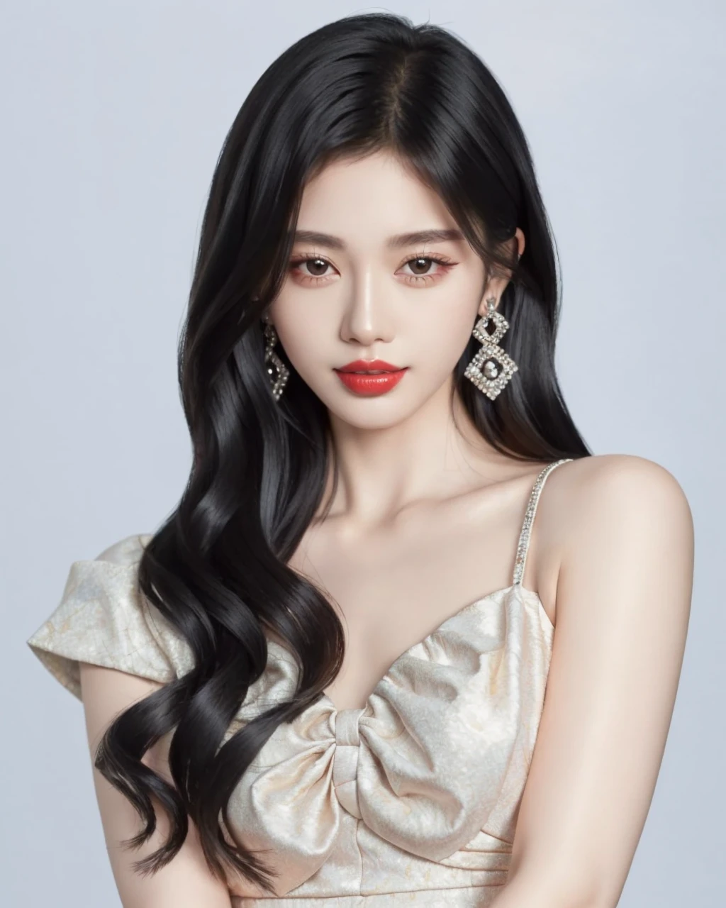 best quality, high quality, masterpiece, jujingyi, 1girl, solo, long hair, looking at viewer, simple background, black hair, dress, bare shoulders, brown eyes, jewelry, upper body, earrings, white dress, mole, lips, mole under eye, makeup, lipstick, realistic, red lips