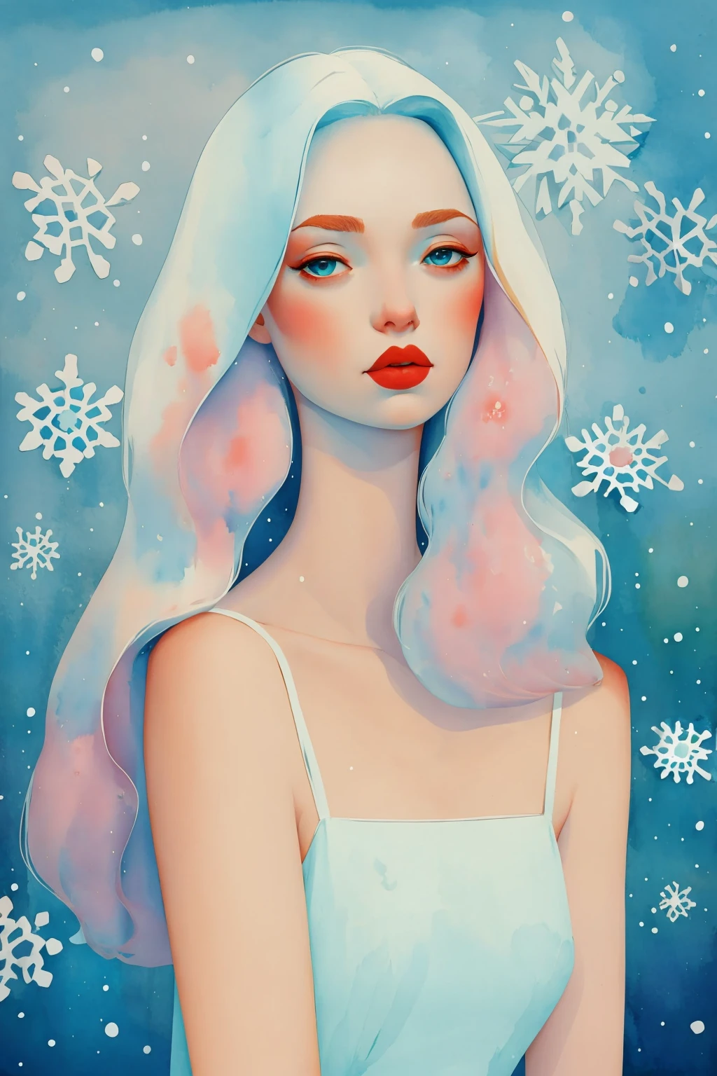 2d, nsfw, pastel color, watercolor, 
lineart, 
ankymoore, 1girl, solo, long hair, blue eyes, blonde hair, dress, bare shoulders, closed mouth, upper body, artist name, white dress, lips, makeup, red lips, snowflakes,
 <lora:ankymoore-04:0.9>