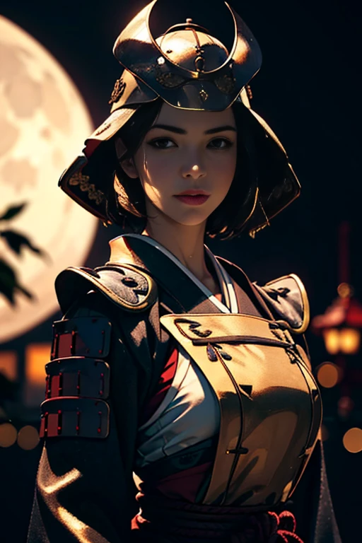 1woman, portrait, a beautiful girl wearing samurai helmet, short hair, looking at viewer, japan castle in front of full moon center in frame, <lora:samuraiLoraV01:0.8>, Photorealistic, Hyperrealistic, Hyperdetailed, analog style, hip cocked, demure, low cut, detailed skin, matte skin, soft lighting, subsurface scattering, realistic, heavy shadow, masterpiece, best quality, ultra realistic, 8k, golden ratio, Intricate, High Detail, film photography, soft focus, blurry background,