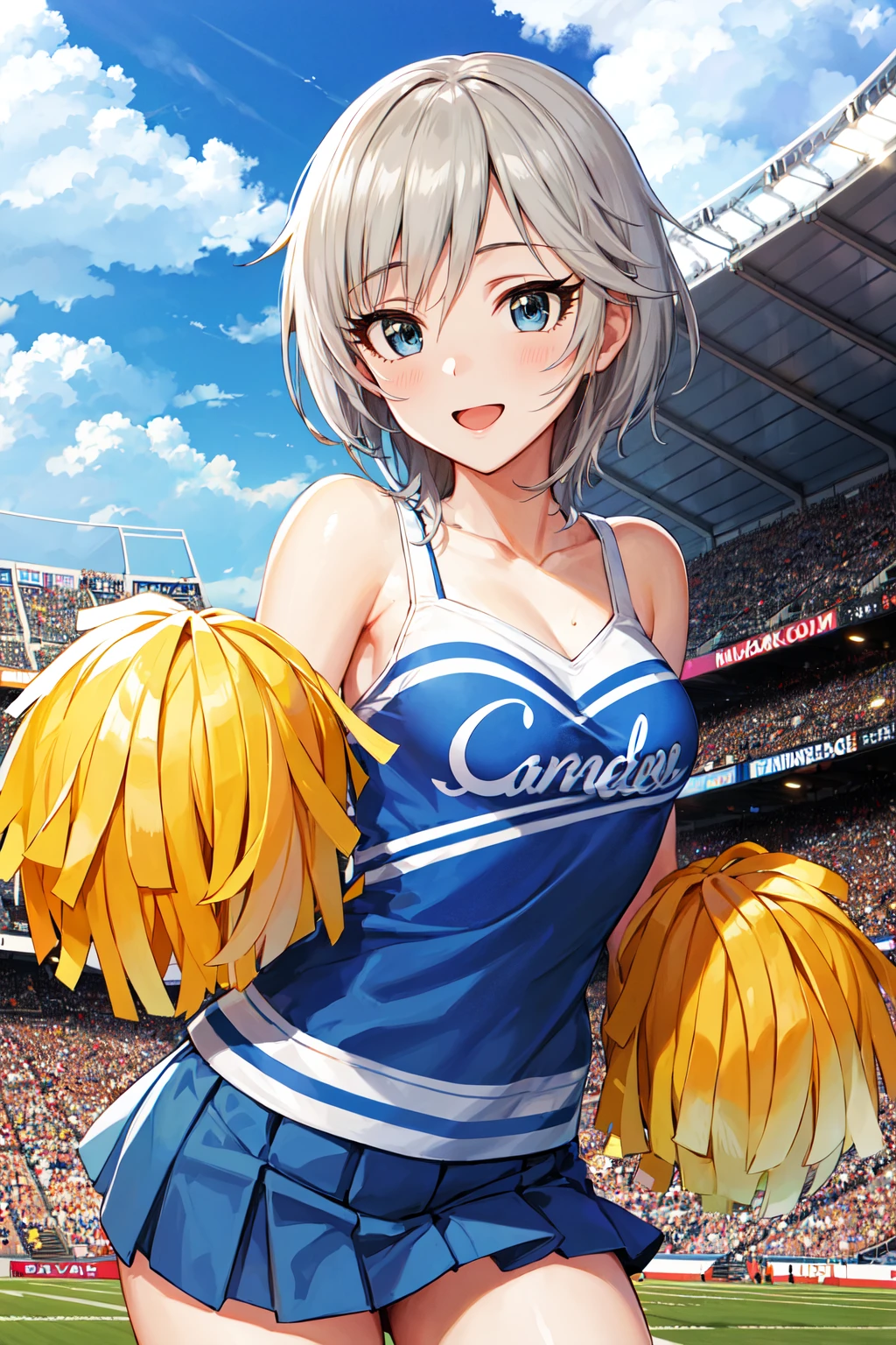 masterpiece, best quality, highres, idolmaster cinderella girls, 1girl, grey hair, short hair, blue eyes, medium breasts, <lora:anastasia_(idolmaster)_v2:0.7>, pom pom \(cheerleading\), cheerleader, blue skirt, blue camisole, smile, open mouth, stadium, cloud, cowboy shot,