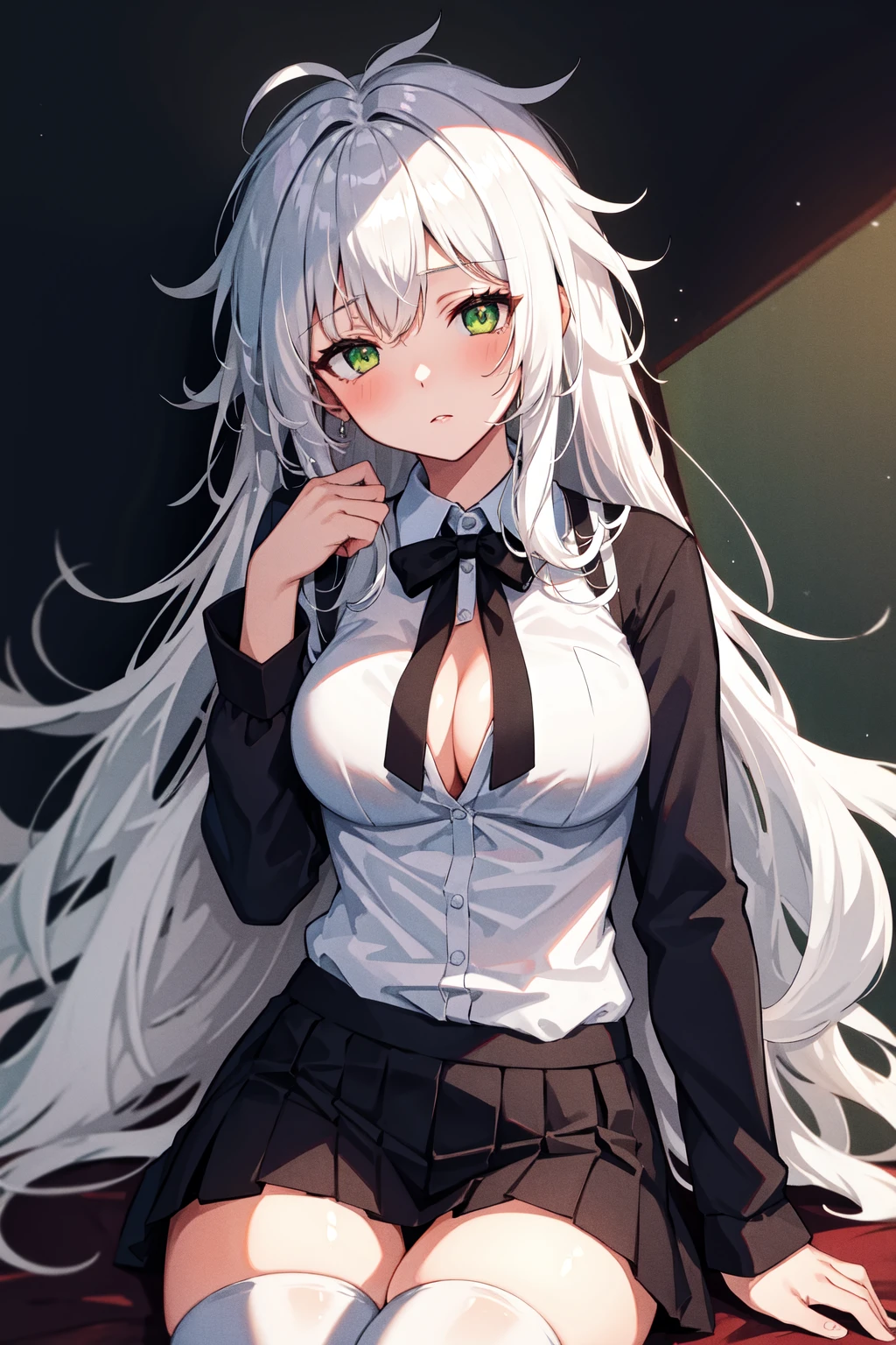 (masterpiece, best quality:1.3), 1girl, (white hair, long hair, messy hair, hair between eytes), green eyes, large breasts, open white shirt, bottomless, black thighhighs, sleepy face