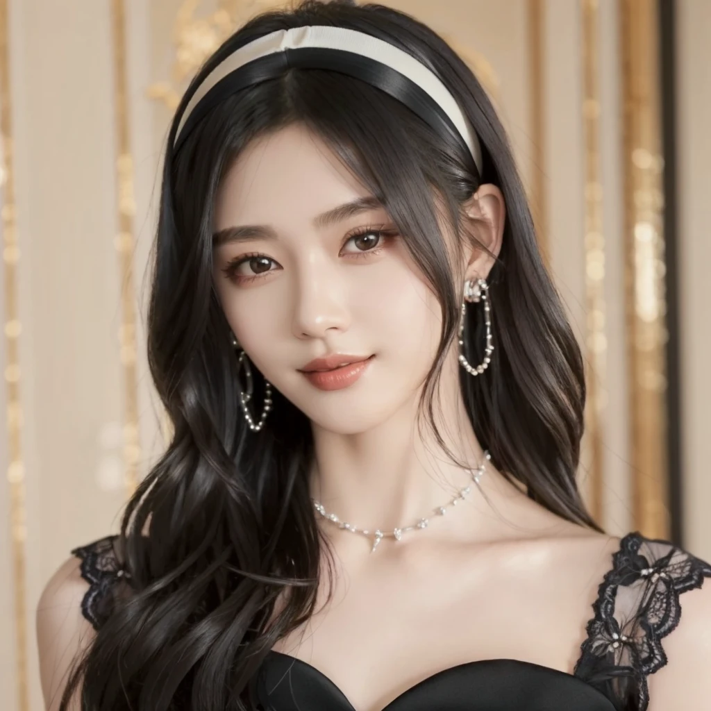 best quality, masterpiece, jujingyi, 1girl, solo, long hair, looking at viewer, smile, black eyes, black dress, lips, nose, hairband, earrings, necklace, blurry background, lips, head tilt, realistic