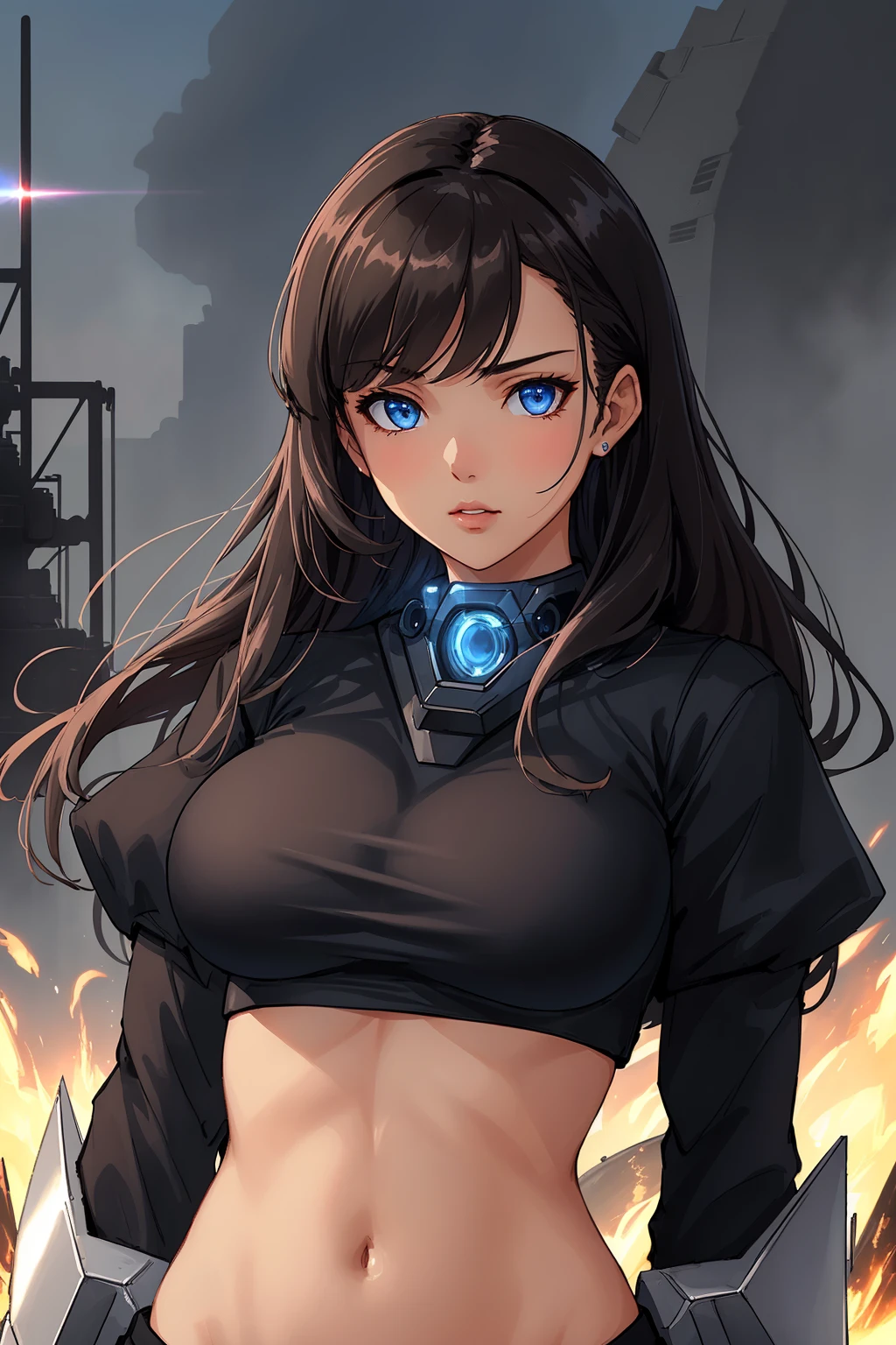 woman, upper body, fcPortrait, midriff, crop top, <lora:Crop-tops-fc-v3:1>, toned, large breasts, masterpiece, best quality, mecha, no humans, black armor, blue eyes, science fiction, fire, laser canon beam, war, conflict, destroyed city background