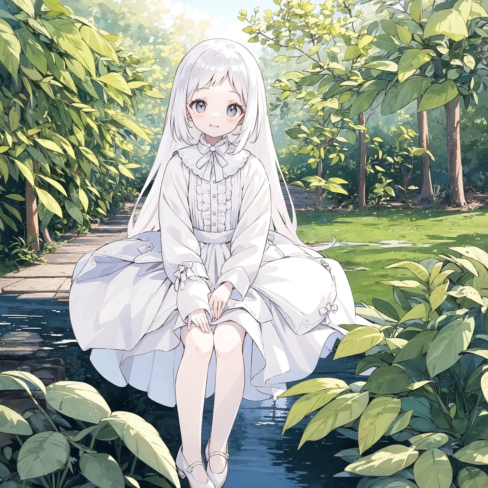 (WaterColor:1.2),(pale hues):1.2,(flat color:1.2), very wide shot, 1woman wearing french sleeve lacy shirt, Weather Forecast Skirts:1.5, deep forest, sitting and leanning on the tree, A slight tilt of the head and a mischievous smile,lip gross, detailed face, detailed eyes, cute face,highlights on eyes, , full body , bridal_hairstyle