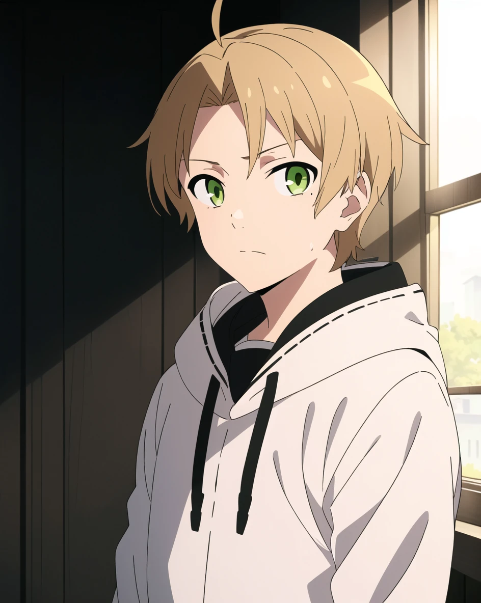 mushoku tensei style, 1boy, male focus, solo, green eyes, window, ahoge, blonde hair, indoors, looking at viewer, hood, upper body, brown hair, hood down, ((masterpiece)) <lora:mushoku_tensei_style_offset:1>