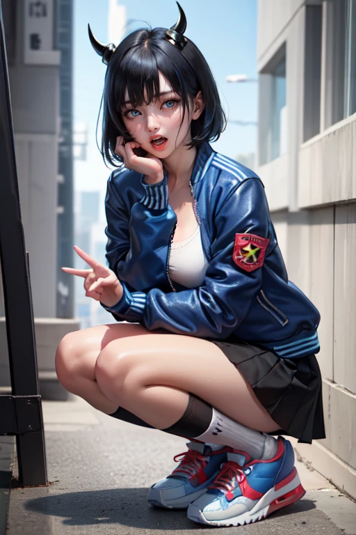 photography, medium hair layered cut,thigh gap, medium_big breasts, Dynamic Background, masterpiece, best quality, extremely detailed CG unity 8k wallpaper, ultra high res,1girl, bangs, black_footwear, black_legwear, black_skirt, (blue_eyes, blue_hair), claw_pose, horns, kneehighs, looking_at_viewer, open_mouth, pleated_skirt, sharp_teeth, shoes, short_hair, skirt, socks, solo, squatting, teeth,(blue Sukajan:1.4),(blue letterman_jacket:1.3),(sneakers:1.4)