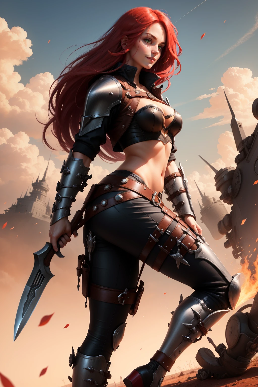 masterpiece, best quality, katarina, armor, cropped jacket, cleavage, bustier, midriff, belt, black pants, boots, from side, holding knives, standing, clouds, furrowed brow, smile, battlefield <lora:katarina-nvwls-v2-000010:0.9>