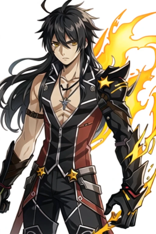 <lora:RavenCronwell-08:0.7>, raven cronwell, solo, long hair, black hair, 1boy, white background, jewelry, yellow eyes, ahoge, male focus, red hair, pants, necklace, armor, streaked hair, bird, scar, fire, mechanical arms, single mechanical arm, black armor