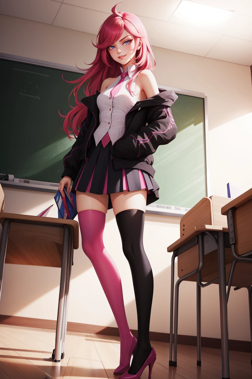 masterpiece, best quality, academiaKat, white shirt, necktie, bare shoulders, black jacket, black skirt, thighhighs, high heels, standing, smirk, furrowed brow, smug, looking at viewer, school, hallway, from below <lora:katarina-nvwls-v2-000010:0.9>