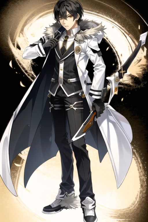 <lora:RavenCronwell-08:0.7>, raven cronwell, solo, simple background, black hair, gloves, 1boy, holding, full body, yellow eyes, weapon, male focus, shoes, pants, sword, holding weapon, coat, orange eyes, fur trim, holding sword, black background, white pants, white coat